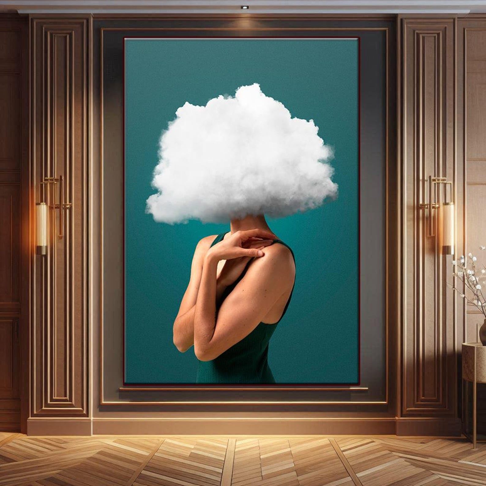 LMYCHENG Chmura głowa kobiety plakaty i druki nowoczesne marzycielskie płótno ścienne minimalistyczny obraz surrealistyczna abstrakcyjna grafika kobieca (70x100 cm/bez ramki)