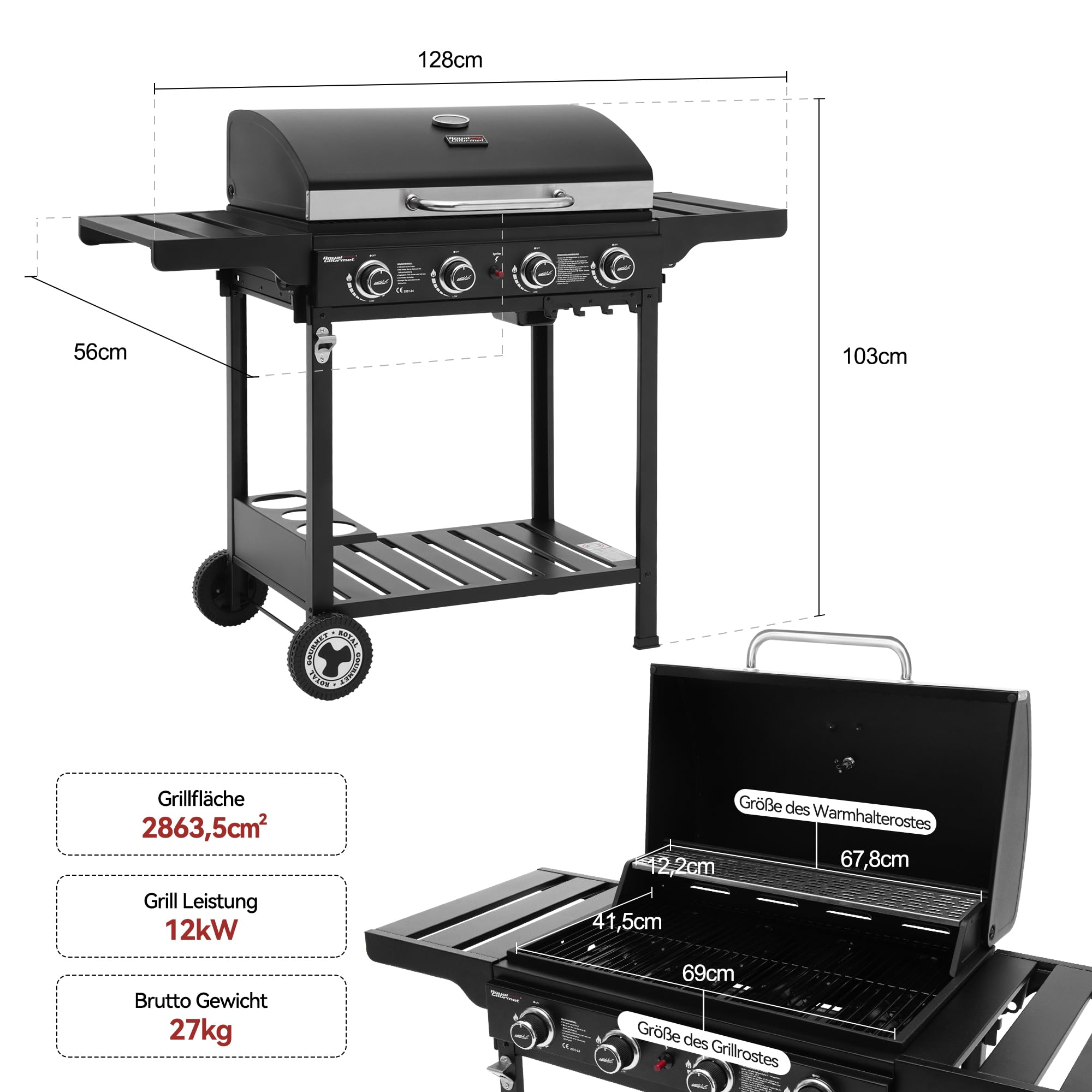 Royal Gourmet 4 Brenner Gas Grillwagen, 12 kW BBQ-Gasgrill mit Seitenablagen und Flascheregal, Campinggrill für Outdoor Garten Party Schwarz