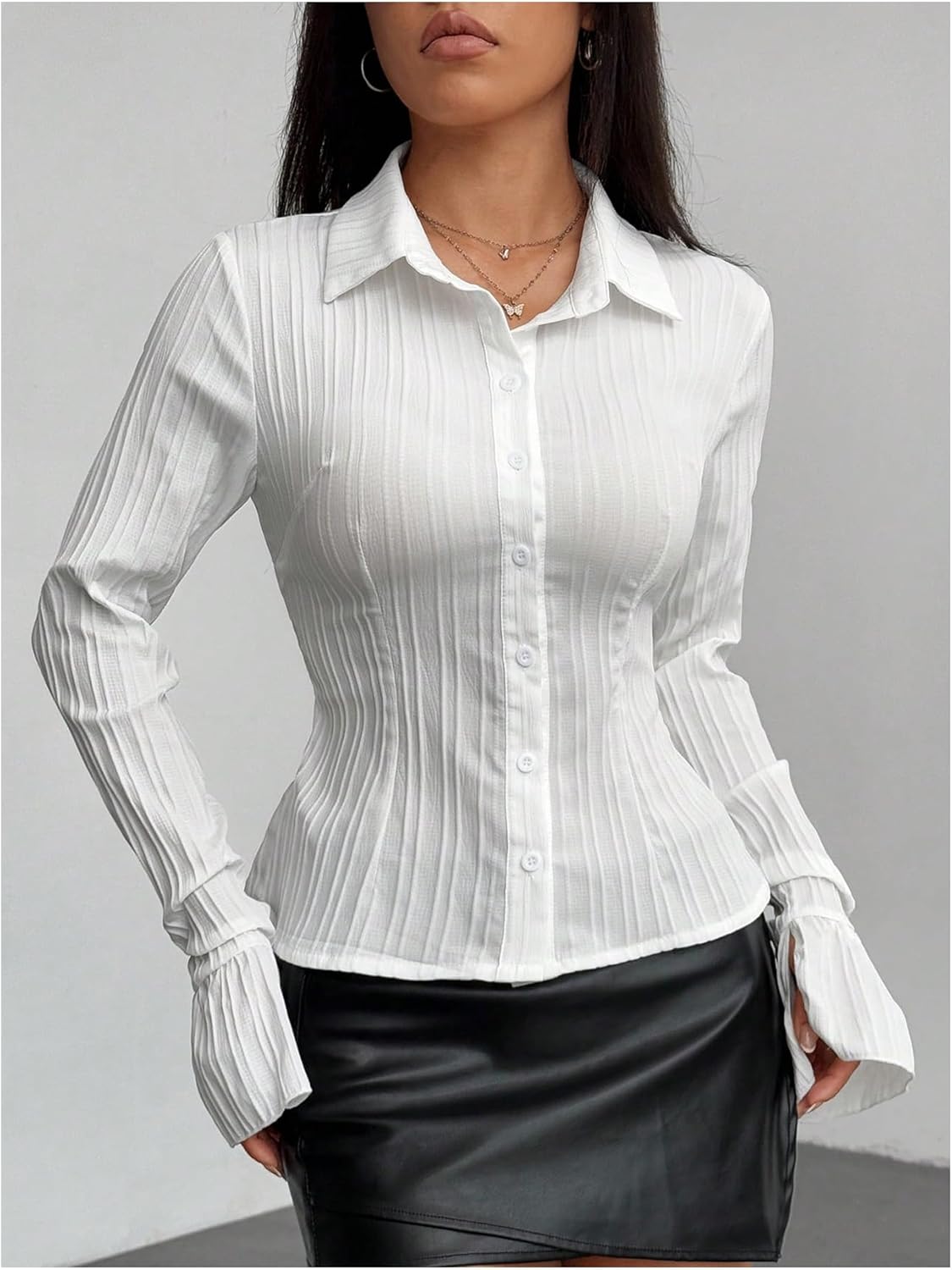 GORGLITTER Women's Fitted Button Down Shirt Cropped Pleated Bell Sleeve Collared Business Work Spring Dressy Blouse - Image 4