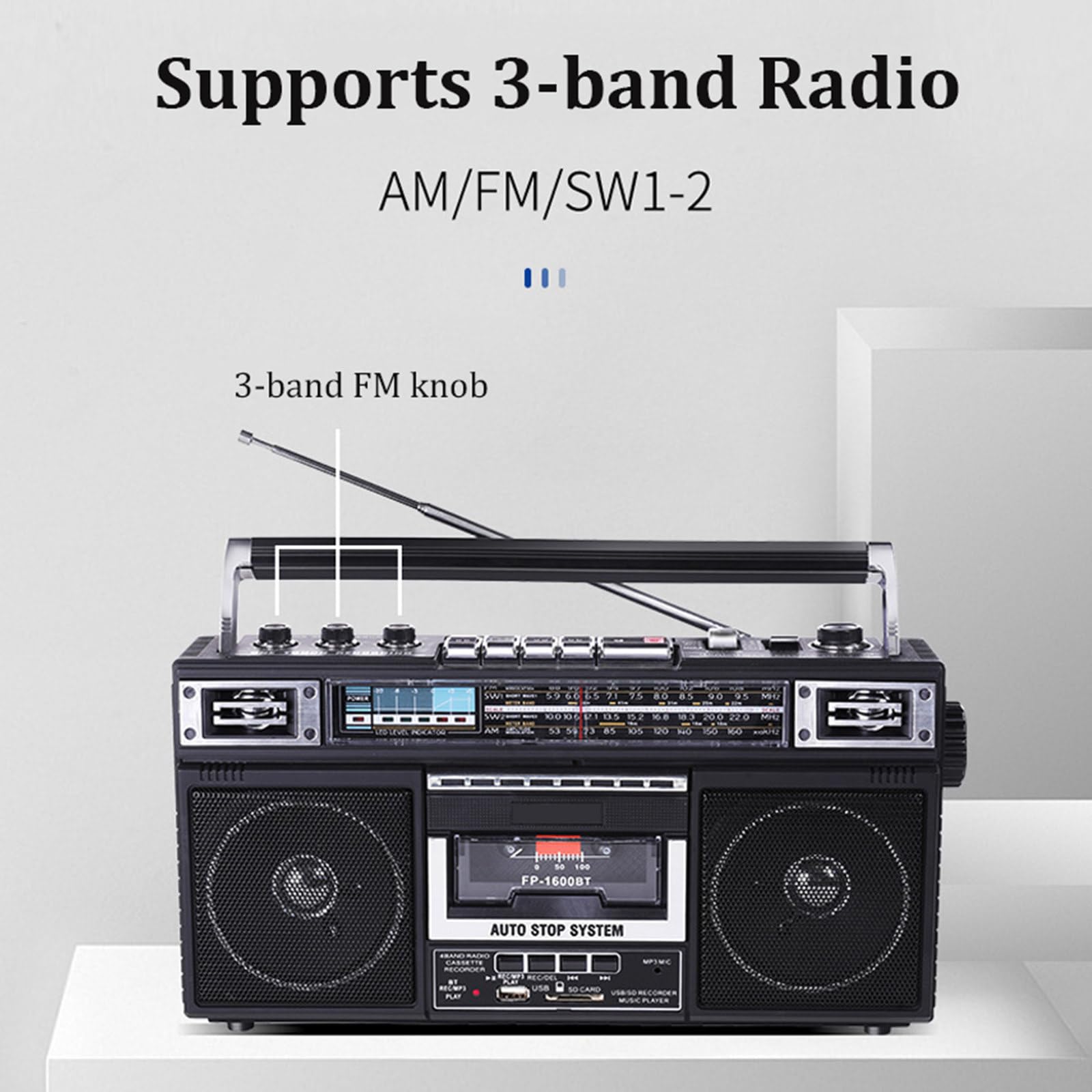 Retro 80s Style Bluetooth Cassette Player, przenośny radioodtwarzacz kasetowy i odtwarzacz z AM/FM/SW1-2, obsługuje karty TF/odtwarzanie USB i Bluetooth, nagrywanie/transkrypcja