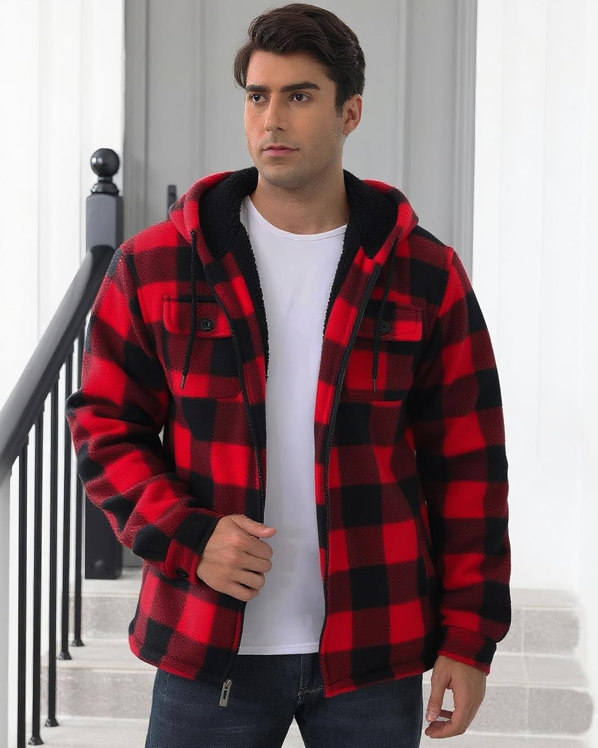 Mens Thick Heavy Warm Sherpa Lined Fleece Plaid Jackets Coat Full Zip Up Hoodie Winter Outwear Big and Tall - Image 4