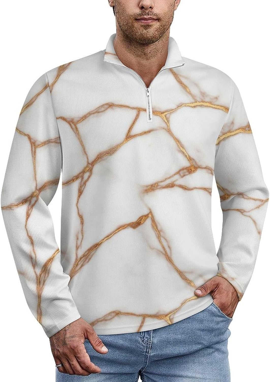 Casual Sweatshirt for Men Long Sleeve Zip Collar Pullover Sweaters Soft Comfy Polo Shirts