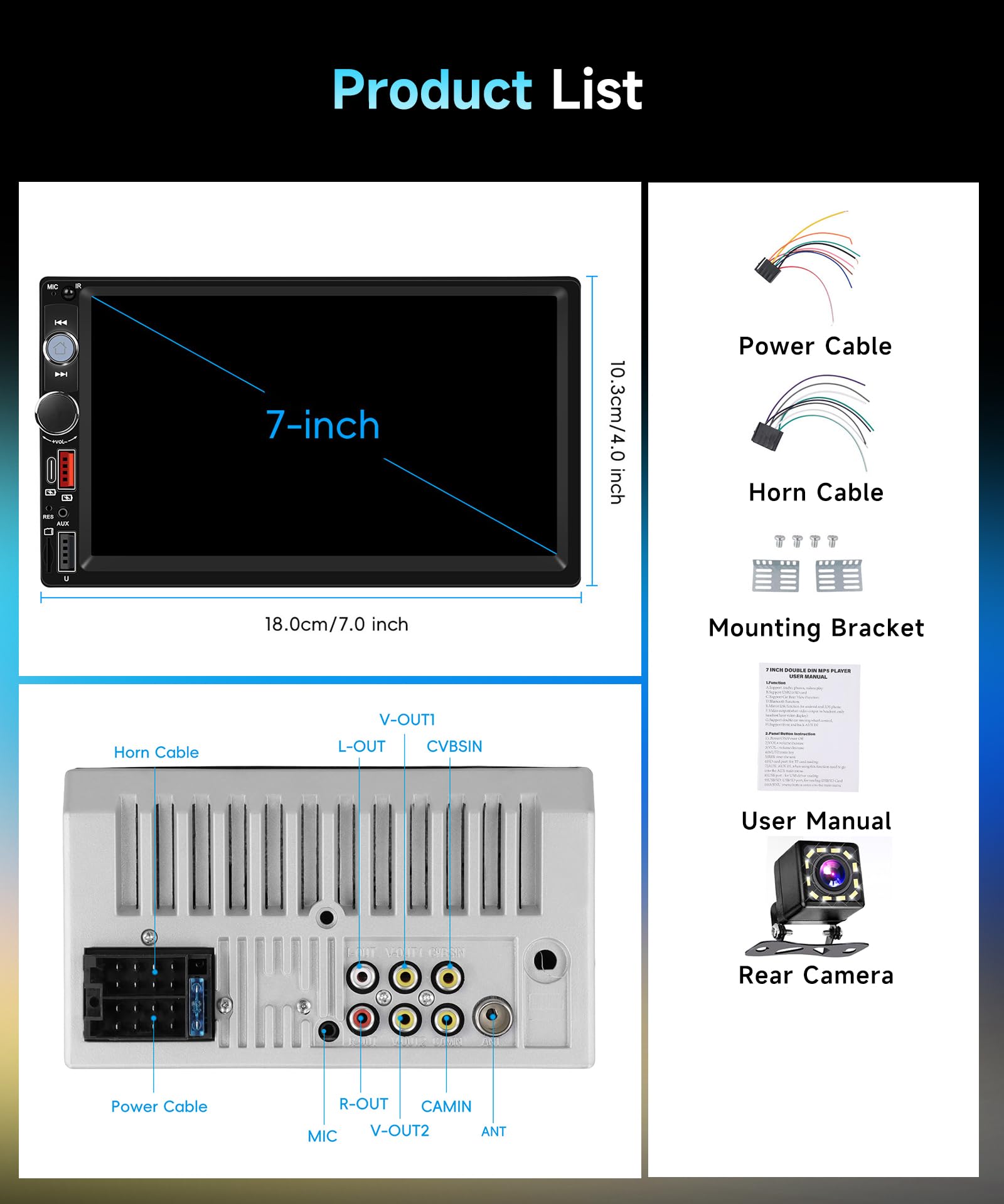 VECHTEL 7" Radio Coche 2 DIN con Carplay inalámbrico Android Auto,Radio FM Bluetooth,Siri Control por Voz,2 USB/SD/AUX,vídeo Online,Mirror Link,cámara de visión Trasera y Control en el Volante
