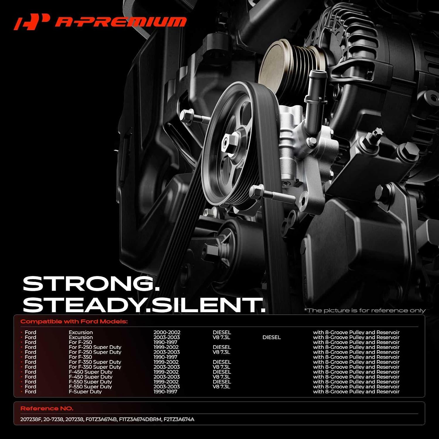 A-Premium Power Steering Pump, with Pulley & Reservoir, Compatible with Ford F-250 F-350 1990-1997, F-450 F-550 Super Duty 1999-2003, F-Super Duty 1990-1997, Excursion 2000-2003