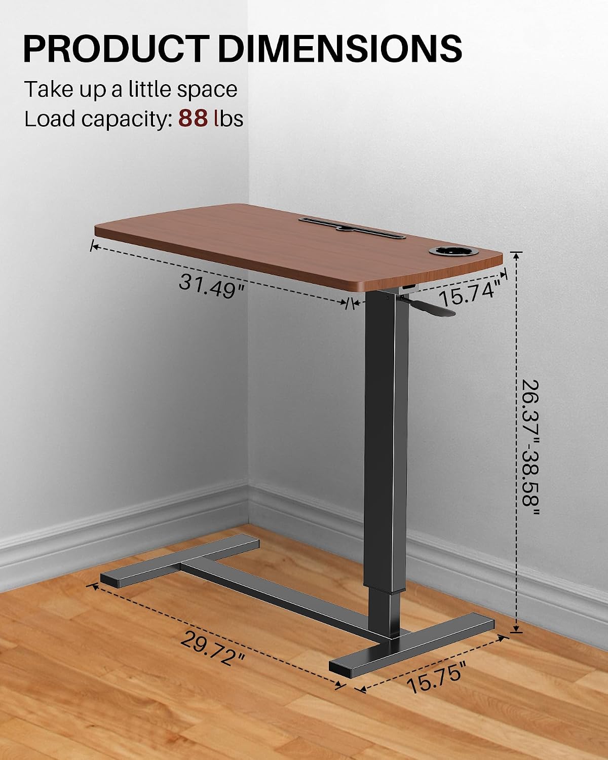 Foldable Overbed Table with Wheels, Pneumatic Adjustable Overbed Bedside Table, Mobile Standing Desk, Hospital Bed Tables Over The Bed, Rolling Laptop Desk with Casters for Home Office