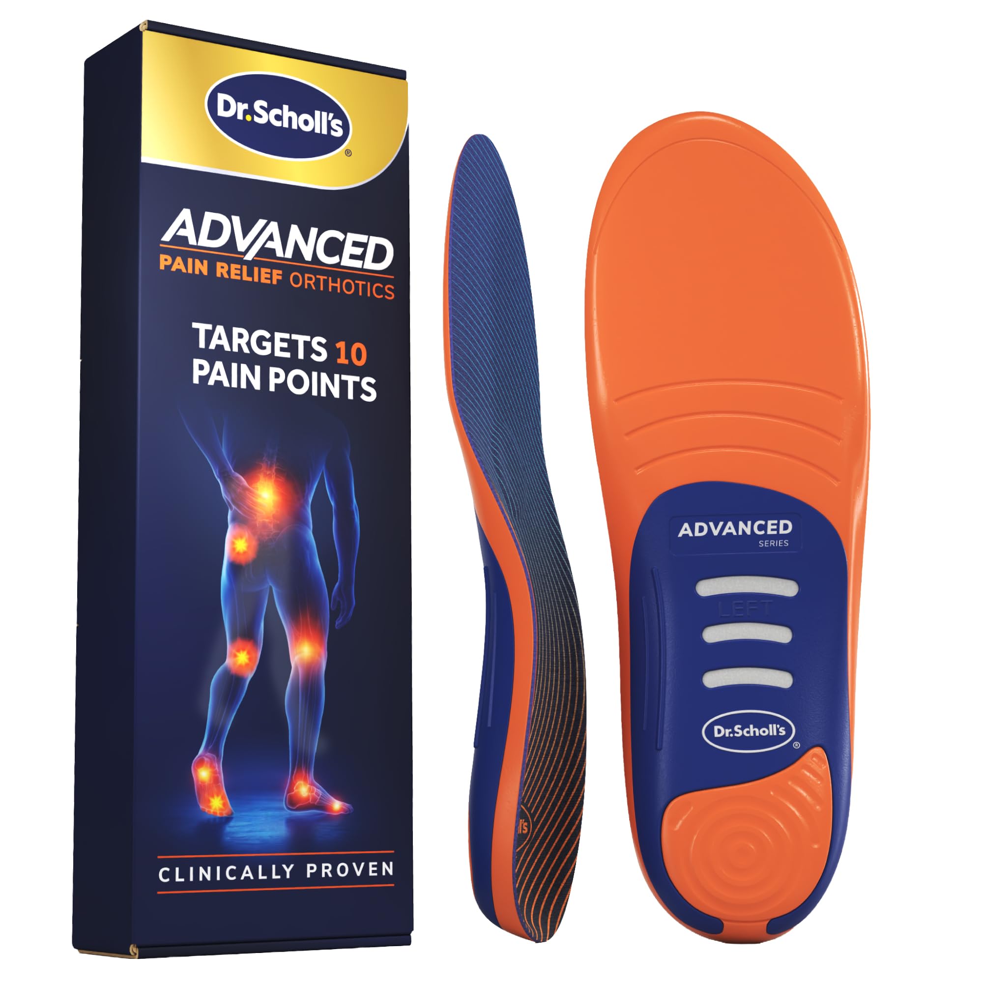 Dr. Scholl’s Advanced Pain Relief Insoles for Men Women, Heavy Duty Orthotics for Work Shoes & Boots, Plantar Fasciitis & Arch Support, Shock-Absorbing, up to 340 lbs, Men 8.5-9, Women 9.5-10