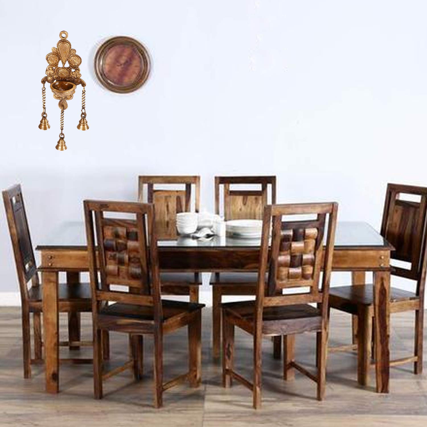 Artvarko Brass Diya Wall Hanging Deepak with 3 Chain Bells - Height 10 Inches.