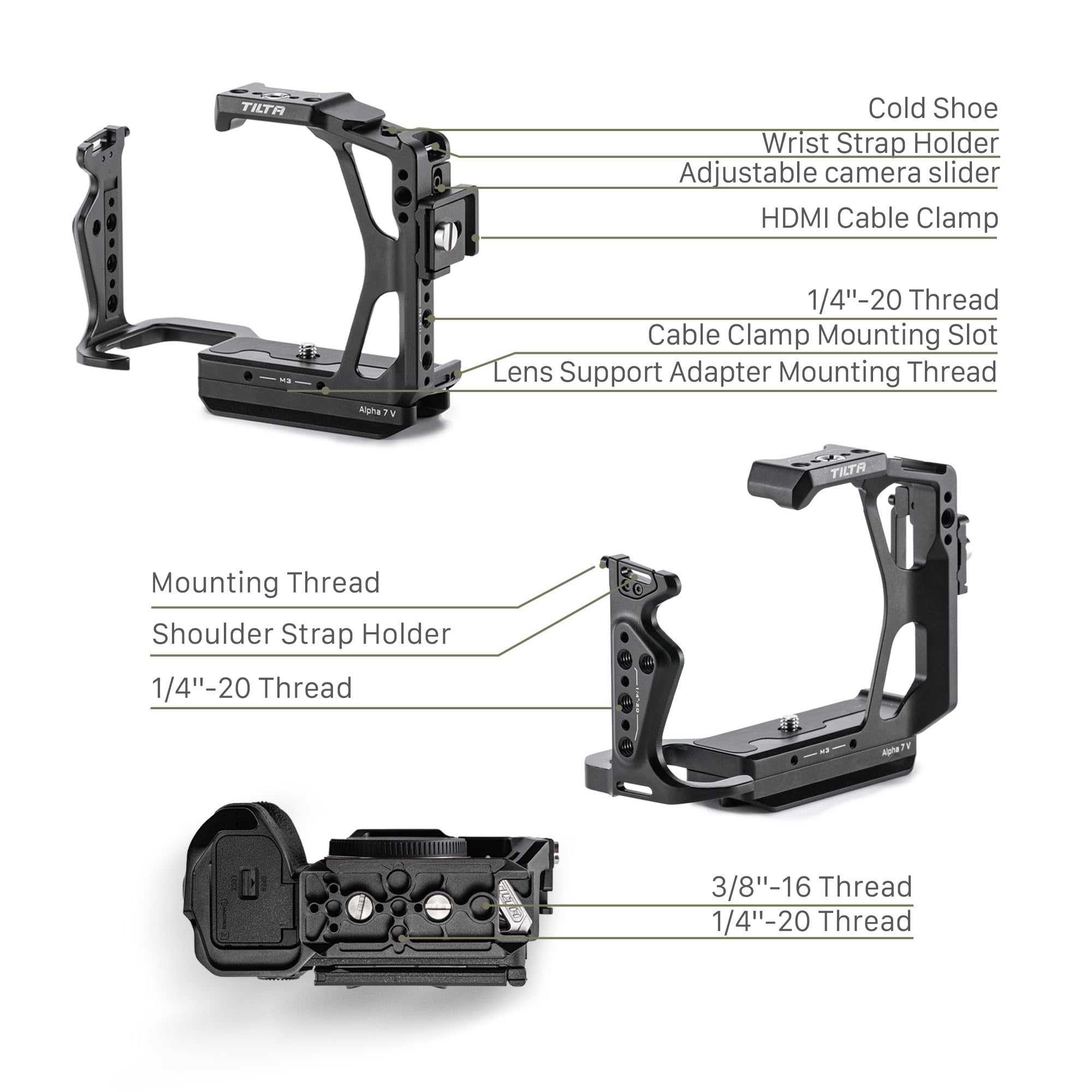Tilta Gabbia A7 V, gabbia completa per fotocamera compatibile con Sony Alpha 7 V/A7 IV/A7R V con ricevitore cold shoe, filettature da 1/4”-20 e 3/8”-16 - Nero TA-T100-FCC-B