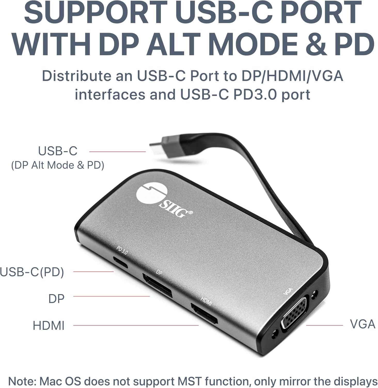 SIIG USB-C MST Hub with PD 3.0, USB-C to DP/HDMI/VGA, Single 4K30+Dual 1080p or Triple 1080p Video outputs, PD 100W, for Windows and Chromebook laptops (DP Alt Mode) NOT for Mac OS (CB-TC0G11-S1)