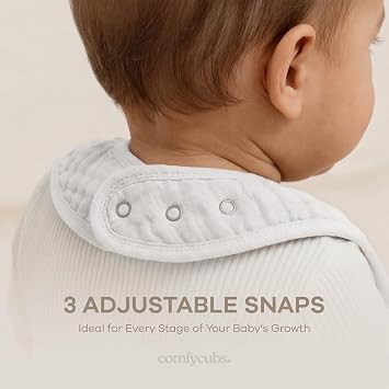 Comfy Cubs Muslin Bibs for Babies, Pack of 8 - Soft and Highly Absorbent, Feeding, Drool and Teething Bib, Adjustable Snaps - Stylish & Colorful Unisex Designs, Giftable Set - White