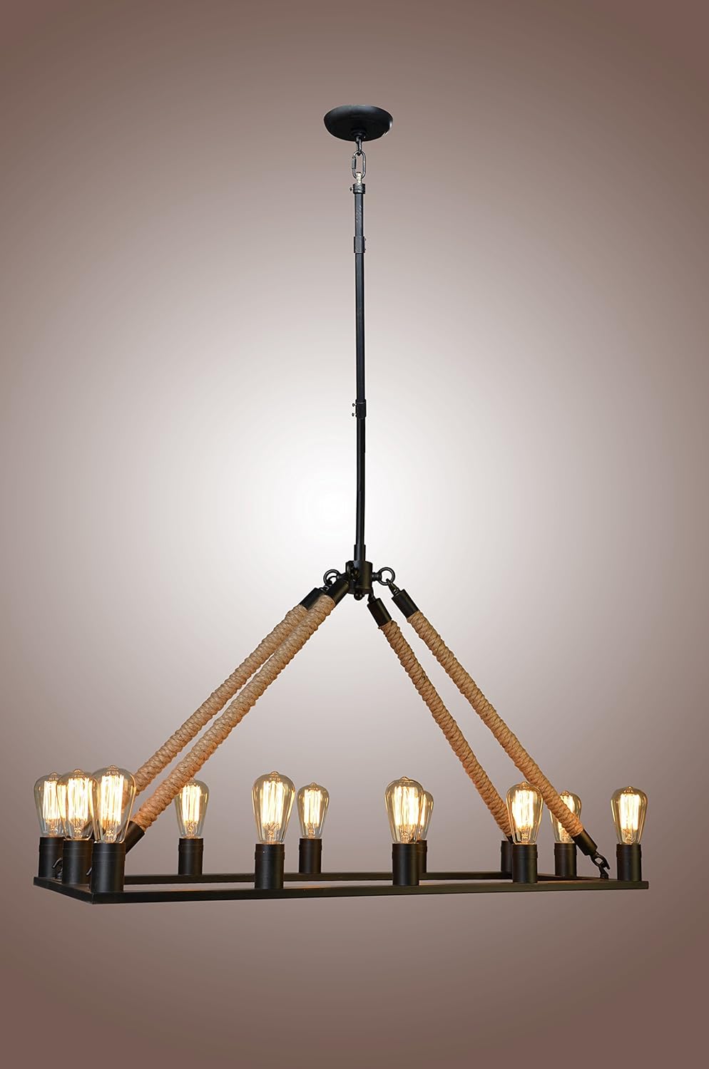 Jute Rope Chandelier Rectangular Iron Finish Rustic 14 Bulbs Edison Pendant Lamp D39''