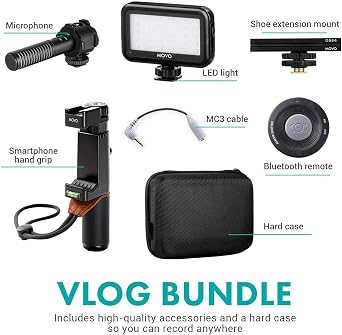Movo Vlog Kit V7 - YouTube Starter Kit with Grip, Stereo Microphone, Light and Wireless Remote Vlogging Kit for iPhone, Android - iPhone Vlogging Kit