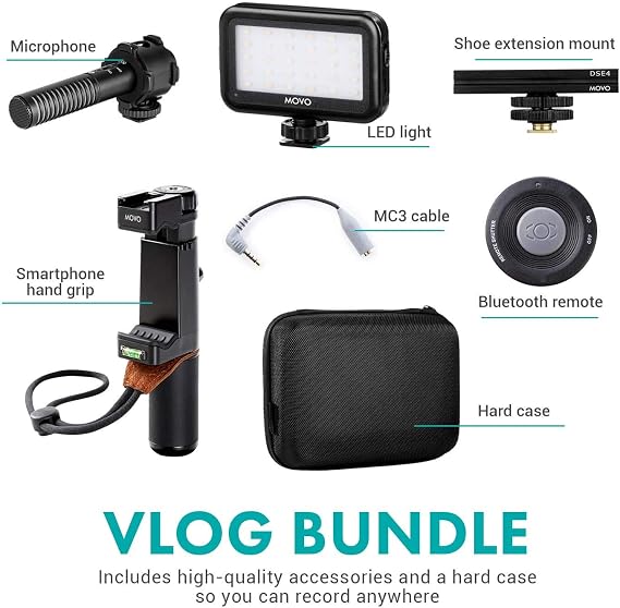 Movo Vlog Kit V7 - YouTube Starter Kit with Grip, Stereo Microphone, Light and Wireless Remote Vlogging Kit for iPhone, Android - iPhone Vlogging Kit