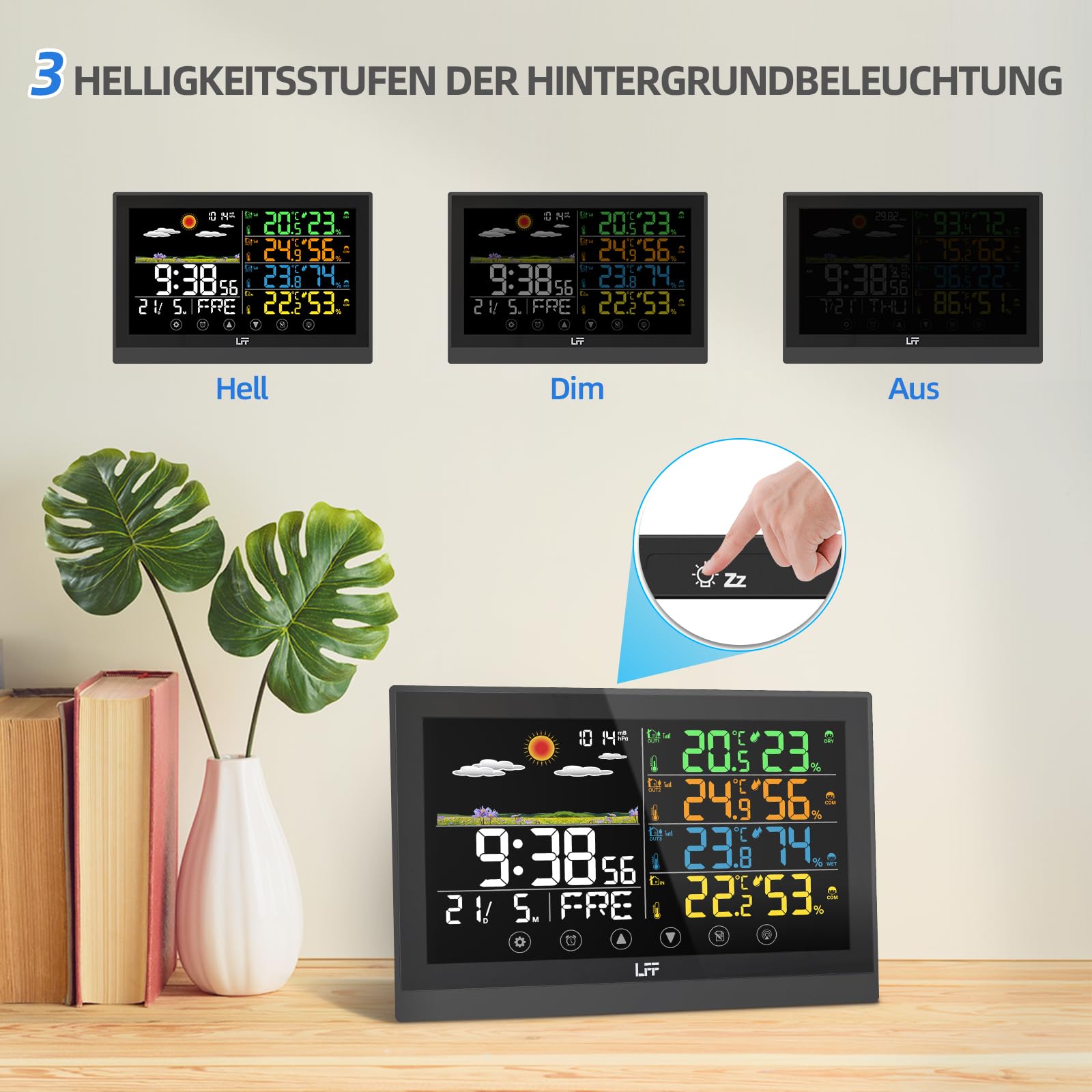 LFF Drahtlose Wetterstation, Funkwetterstation Indoor Outdoor mit Sensoren, Farbdisplay Digitale Atomuhr Innen Außen Thermometer Wireless, Vorhersage Station mit Einstellbarer Hintergrundbeleuchtung