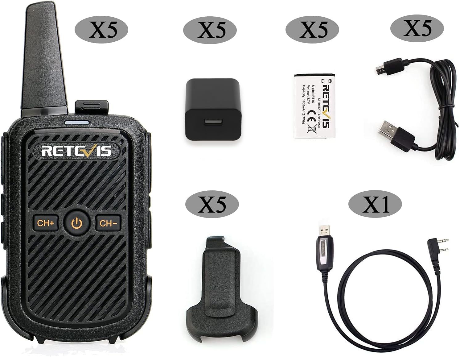Retevis RT15 Walkie Talkie Mini, 16 CH 50 CTCSS / 208DCS, VOX, Skanowanie, Ładowalne Radio, Kabel do Ładowania USB i Adapter, Przenośny Zestaw Radiowy do Zajęć Rodzinnych (Czarny, 5 Sztuk)