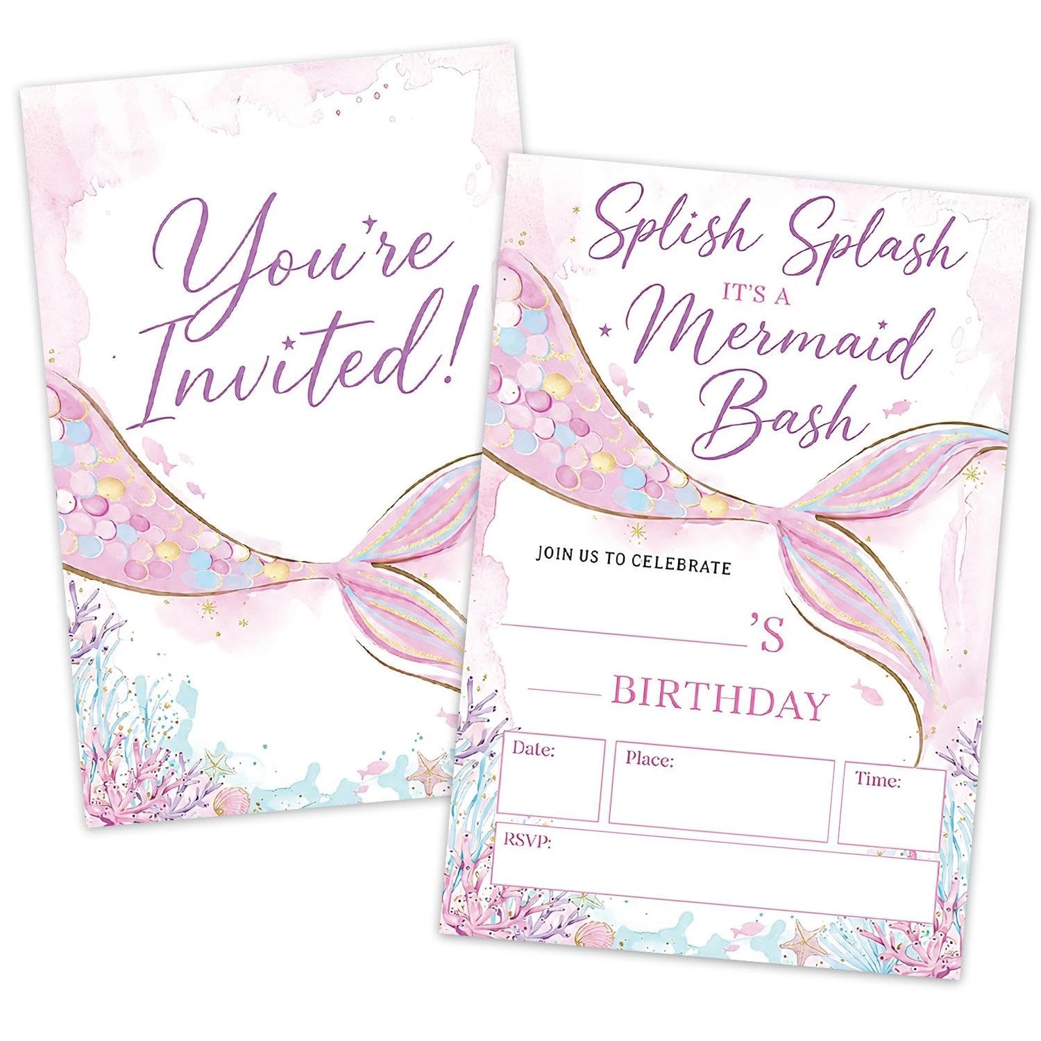 ZENITHYX 25 Pcs Mermaid Party Invitations, Mermaid Themed Birthday Invitations for Girls, Fantasy Colors, Double-Sided Printed