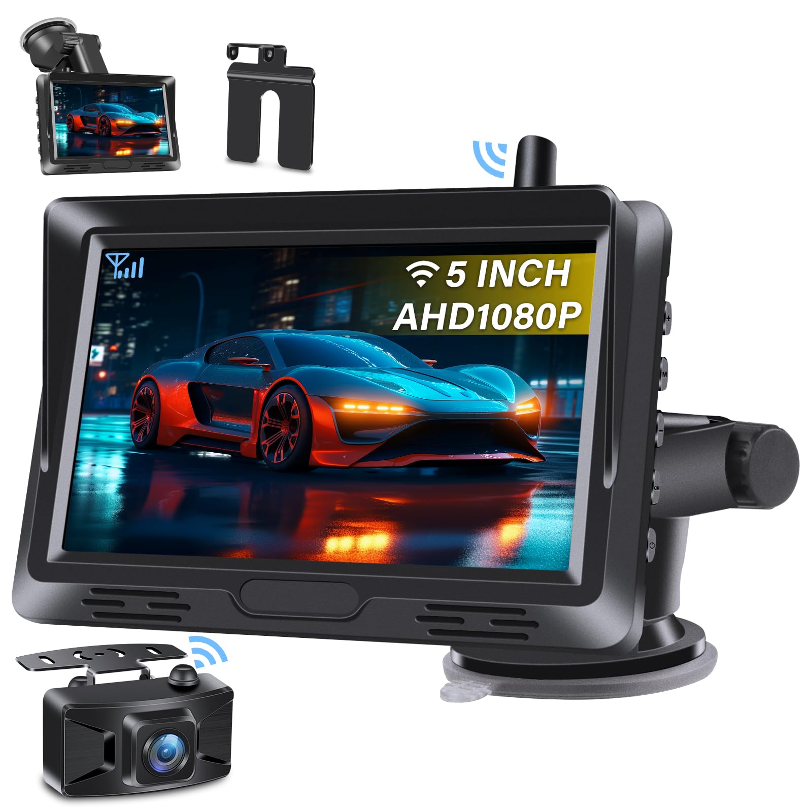 Segnale Stabile Retrocamera Auto Wireless AHD 1080P Telecamera Posteriore Senza Fili con 5'' Monitor con Telecamera Retromarcia Wireless Nessuna Foratura DIY Linea Guida per DC 12V Auto SUV Camion
