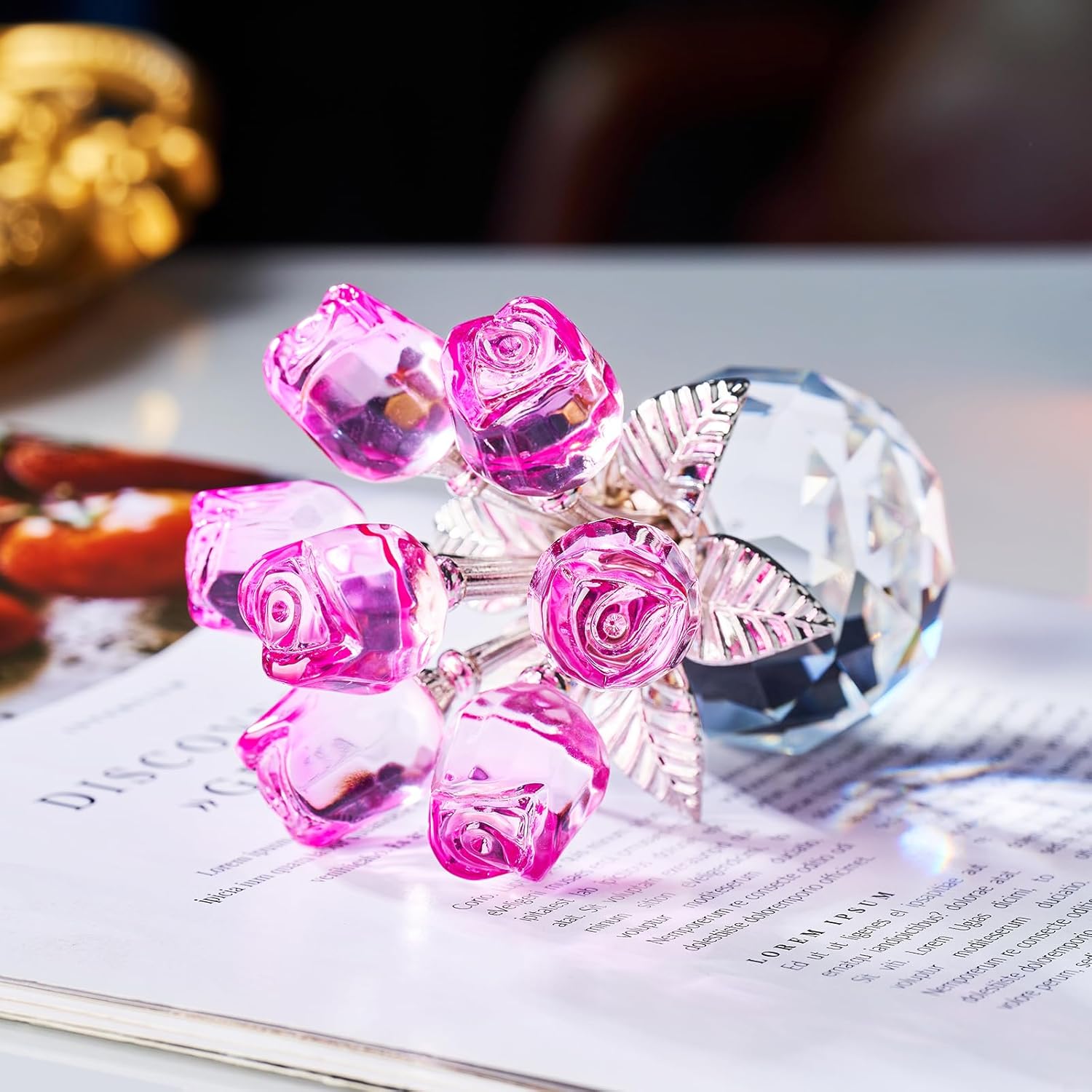 Crystal Pink Rose Flower Glass Flowers Decoration Birthday Gifts for Women Girl Wife Girlfriend Daughter Ornament Bouquet Collectible for Valentine's Day Wedding (Pink Rose 02) - Image 8