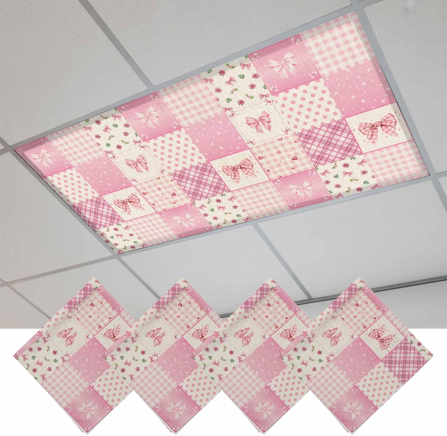 2x4 ft Fluorescent Light Cover for Ceiling Pink Bow Buffalo Plaid Polka Dot Magnetic Light Filters, Retro Valentine's Day Theme Ceiling Lampshades for Home School Office 4Pcs