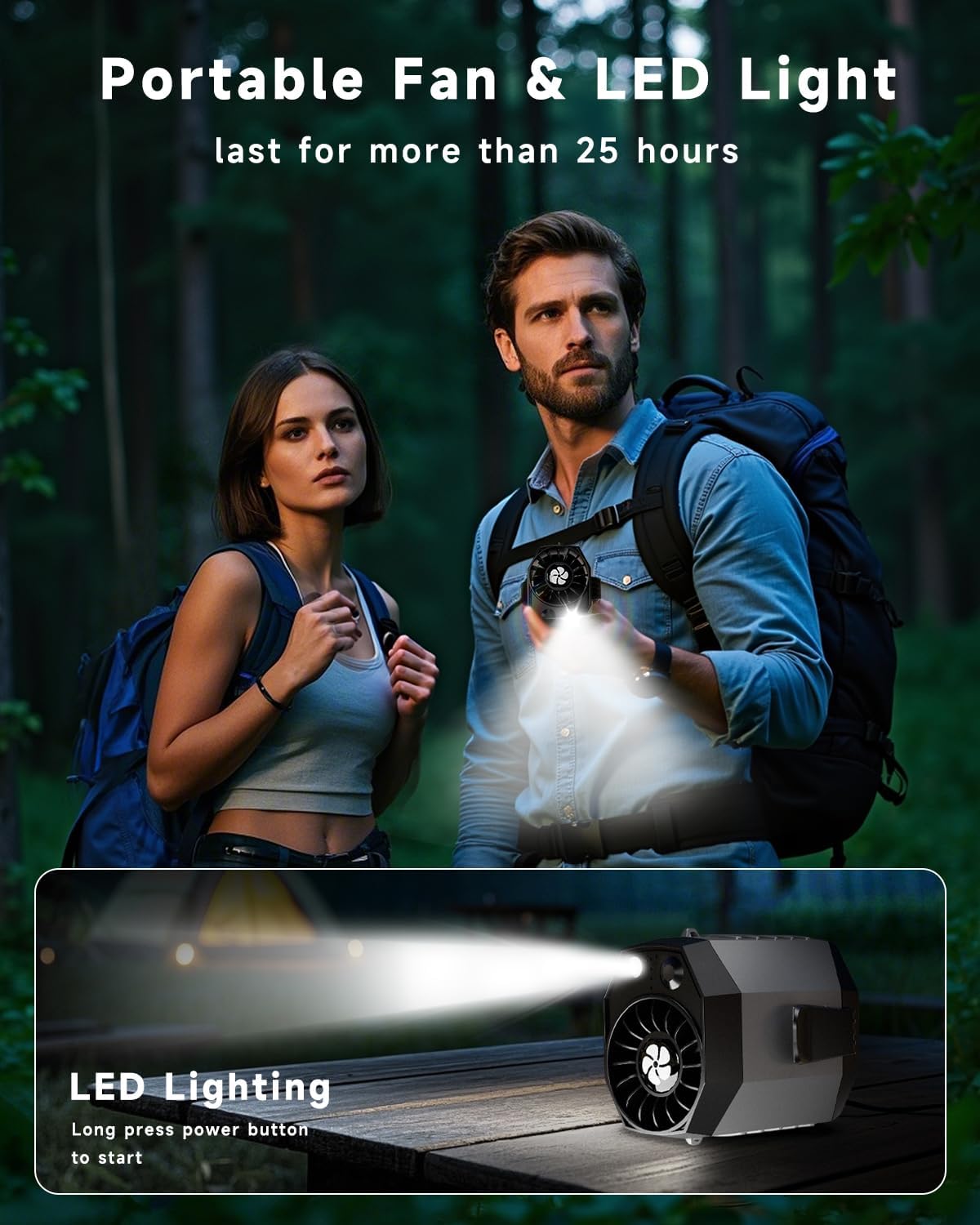 JKBOOM 2026 Smart Portable Rechargeable Fan with LED Light & 25H Runtime, 4-Speed 9200RPM Turbo Cooling Personal Waist Fan, Wearable Neck & Belt Clip for Camping, Outdoor, Hiking - Grey