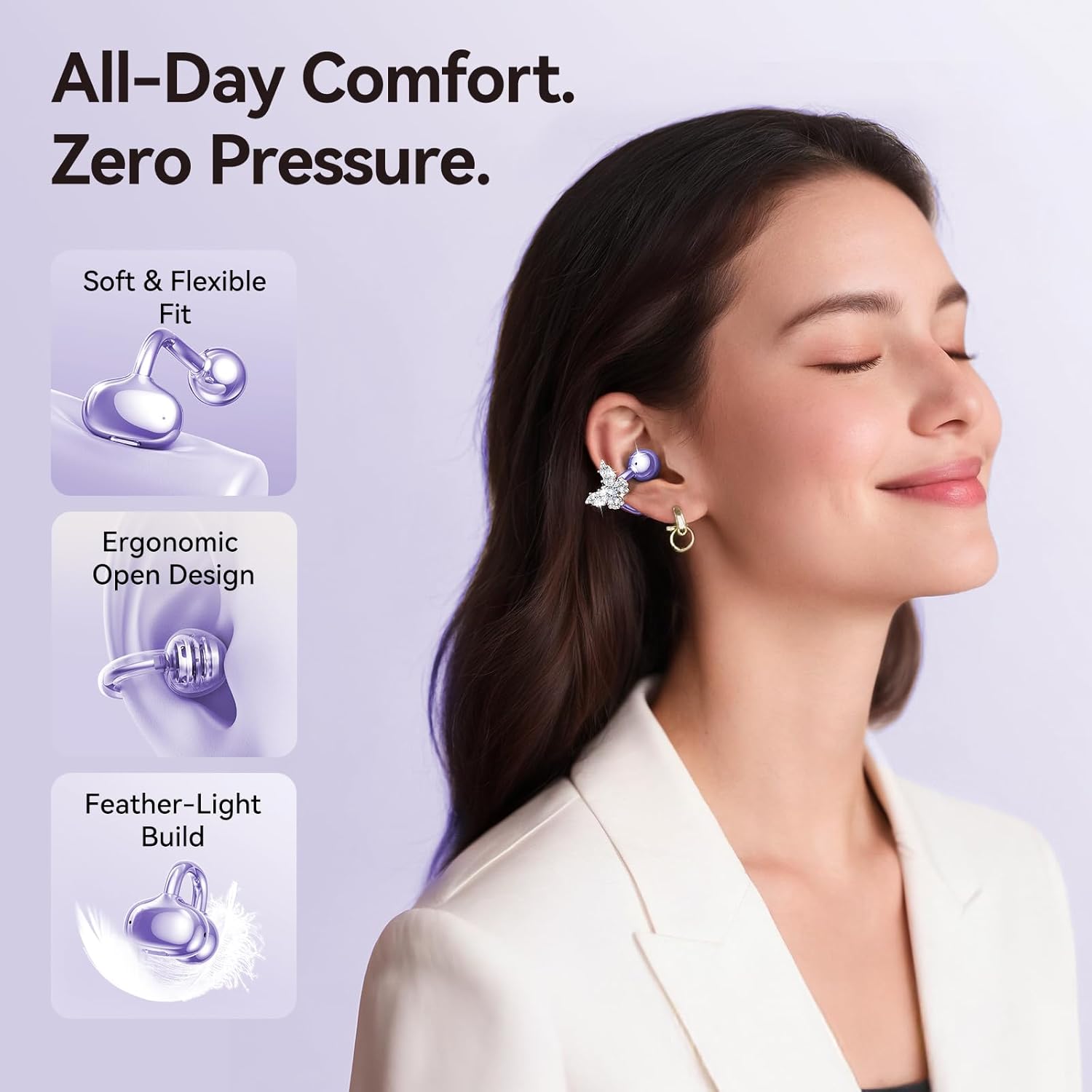 Kinglucky Gen2 Clip-On Earbuds with Butterfly Earrings, Charge & Store Without Removing Earrings, Comfortable Fit & 50H Playtime Bluetooth Open Ear Headphones for Women, Small Ears, Gifts (Purple) - Image 3