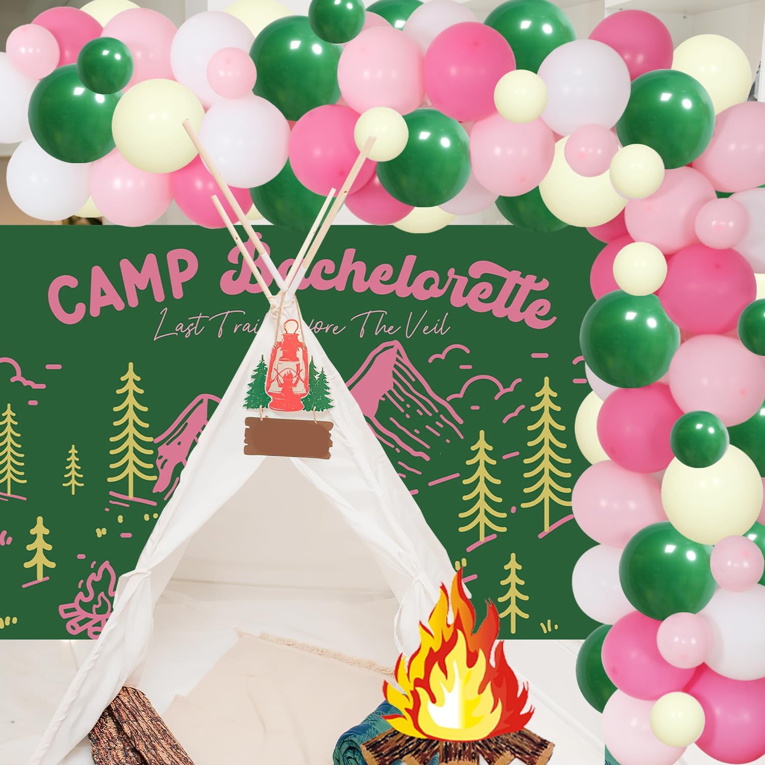 Camping Bachelorette Party Decorations Retro Sage Green Pink Balloon Garland Arch Kit Camp Bachelorette Backdrop Camp Bride Sash Flame Ornament for Camping Bridal Shower Party Decor Supplies