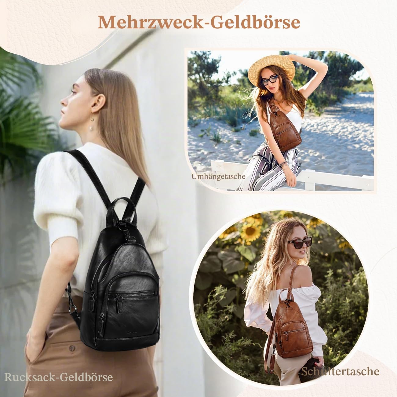 RAVUO Sling Bag Damen, PU Leder Brusttasche Rucksack Klein Frauen Brust Rucksack Kleine Umhängetasche Crossbody Bag für Outdoorsport, Reisen,Schwarz