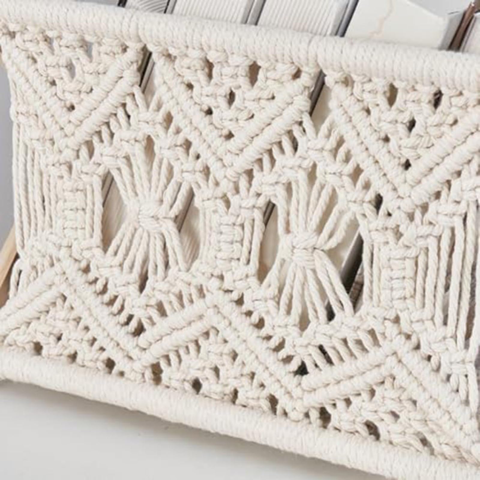 Portariviste intrecciato a mano, pieghevole, in legno e corda di cotone, porta giornali per soggiorno, camera da letto, ufficio, cestino portaoggetti bianco per libri, tablet, asciugamani
