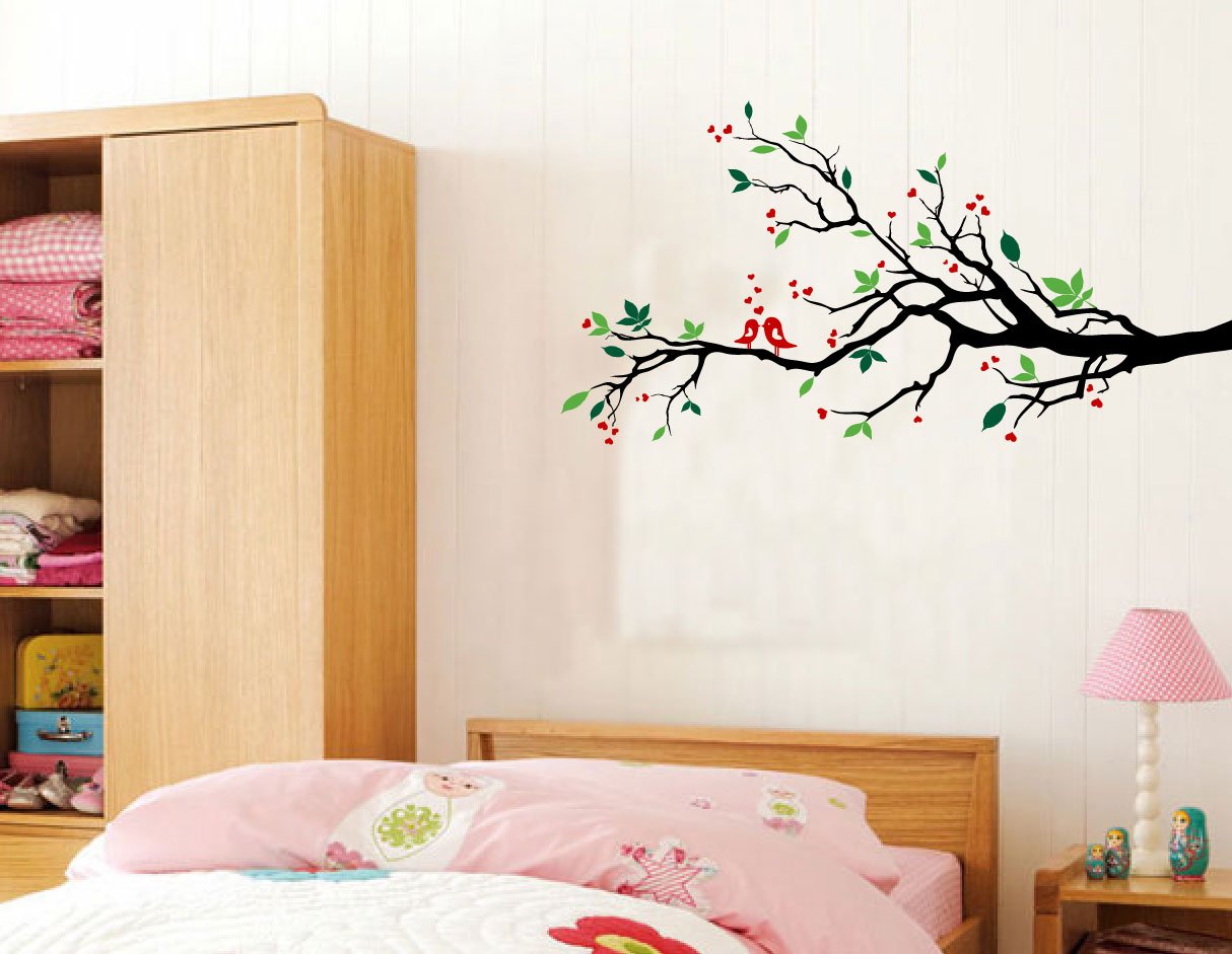 Tree Branches Wall Decal Love Birds Vinyl Sticker Nursery Leaves 56" Wide X 28" High (Right to Left, Multi Color)