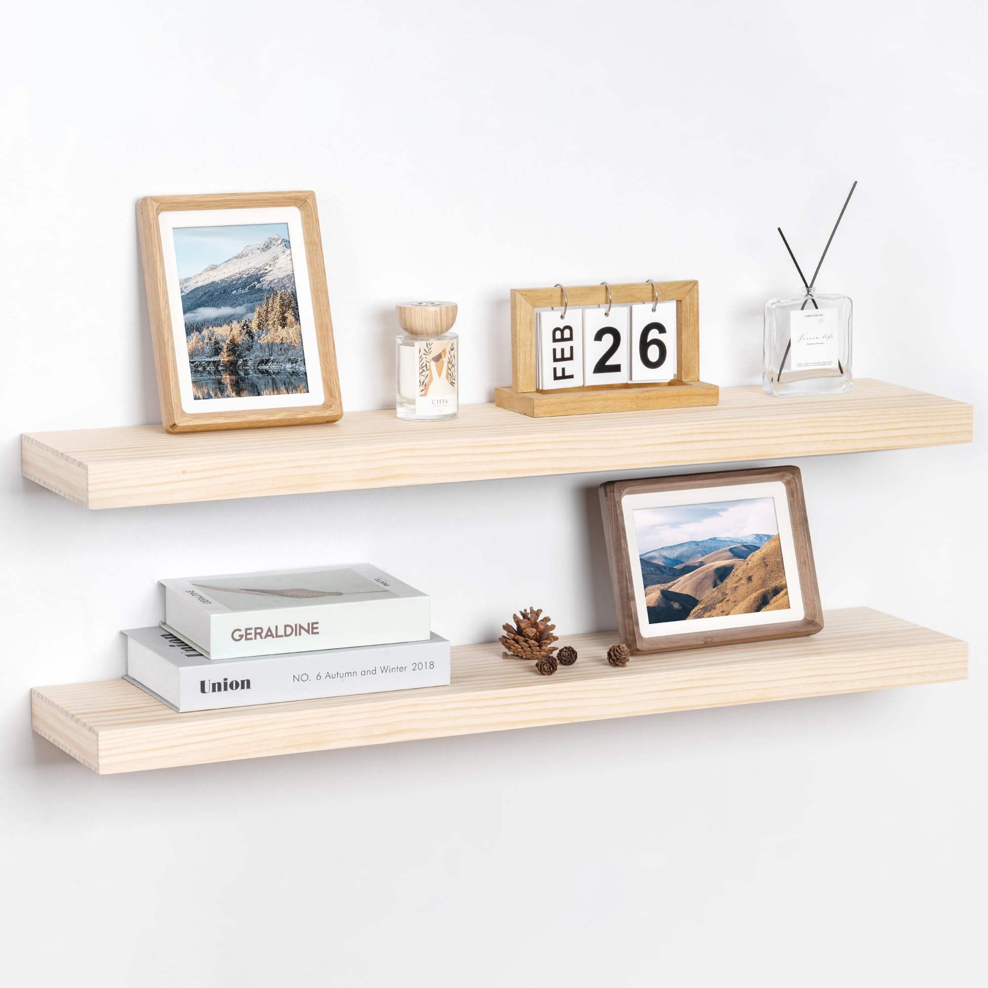 Fun Memories 36 Inch Floating Shelves, 8 Inch Deep Rustic Wood Wall Shelves Set of 2, Thick Wooden Shelves Rustic Storage Shelves for Living Room, Bedroom, Kitchen, Unfinished - No Stain - DIY