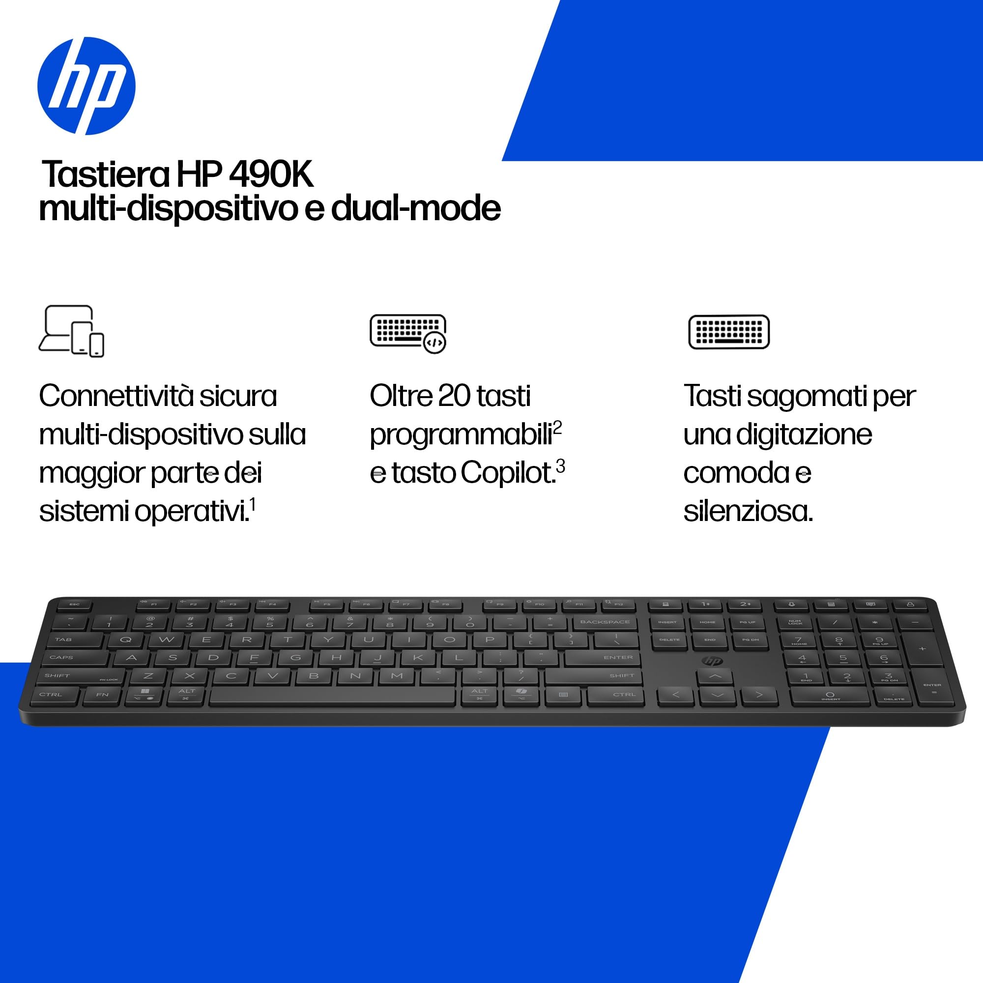 HP 490K Tastiera Wireless Multidispositivo, Connessione Bluetooth e USB, Tasti Silenziosi e Programmabili, 22 Tasti, Tasto Copilot, Compatibile con Windows, macOS, iOS, Android, QWERTY Italiano, Nero