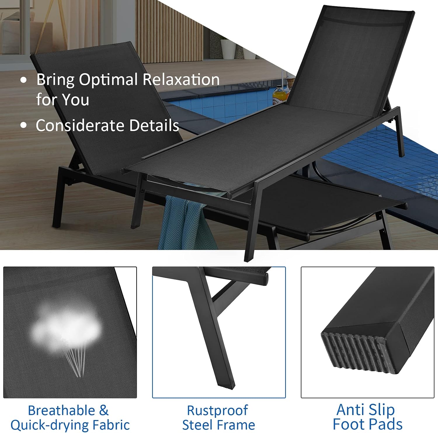 Tangkula Outdoor Chaise Lounge Chair, 6-Position Adjustable Reclining Chair with Breathable Fabric and Heavy Duty Steel Frame, Patio Lounge Chair for Garden, Backyard and Poolside (1, Black)