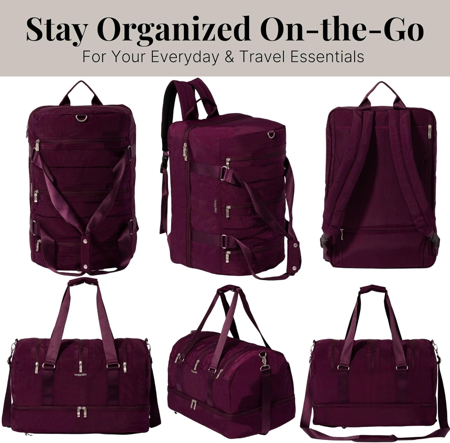 Baggallini MultiZip Convertible Duffel - Lightweight 15x12x12 Inch Travel Backpack Duffel Crossbody Bag for Women