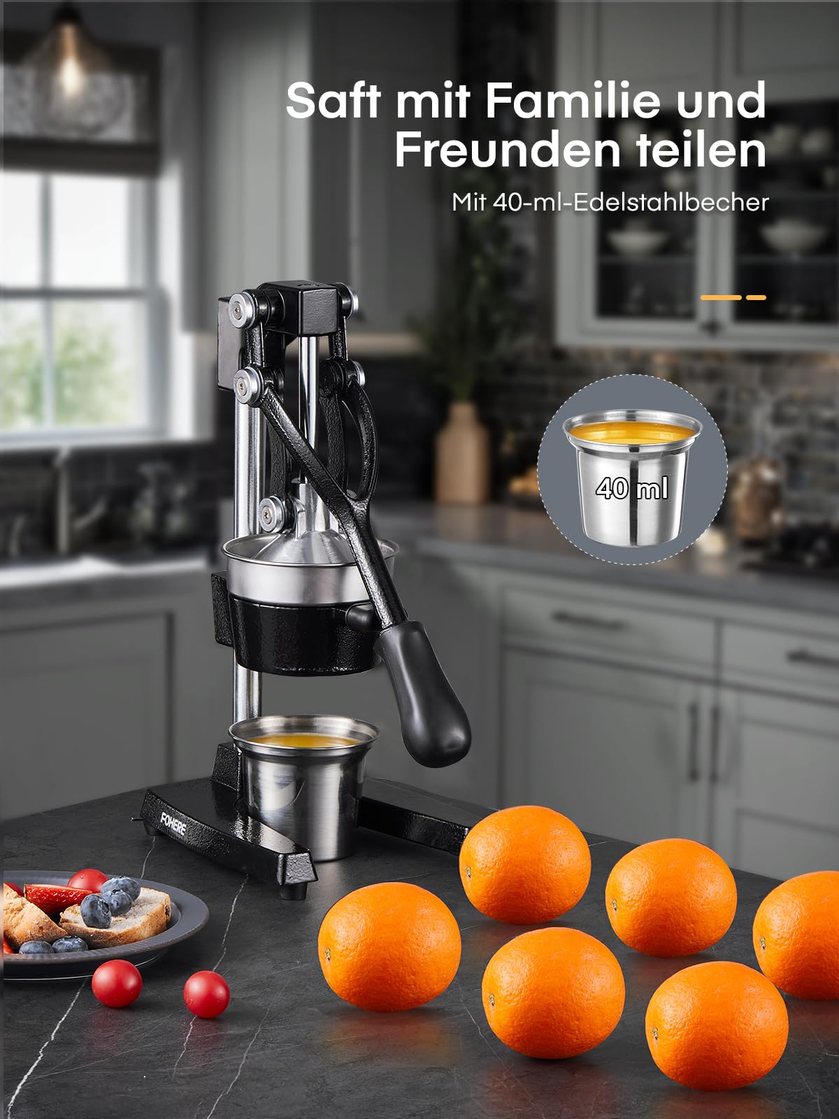 FOHERE Saftpresse Manuell, Professionelle Orangenpresse Handpresse für Orangen, Zitronen, Granatäpfel, Grapefruits, Leicht zu Reinigende Zitruspresse mit Edelstahlbecher