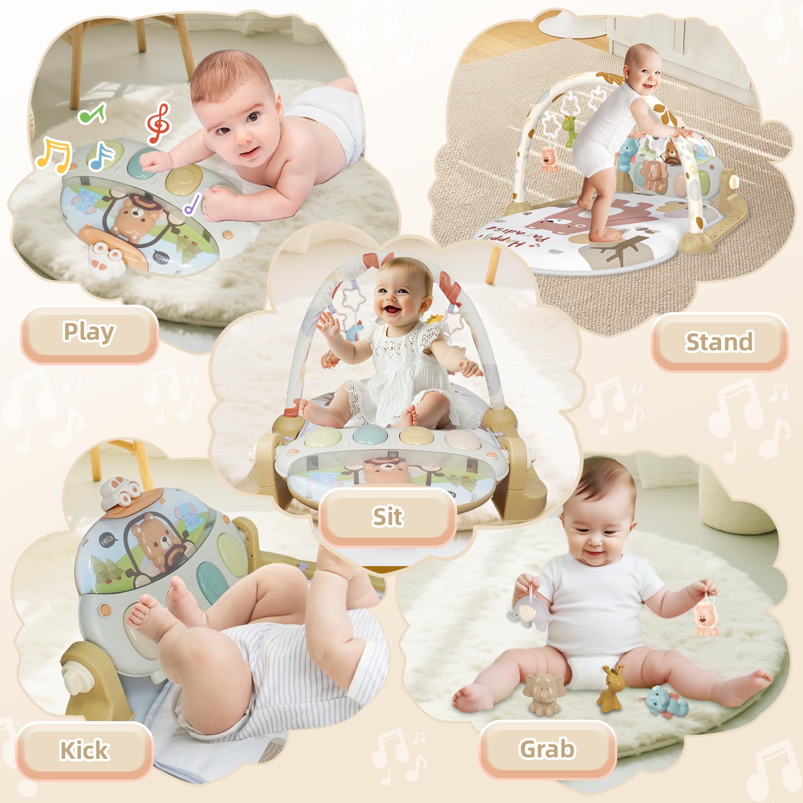 Gimnasio Bebé Montessori 0-6 Meses, Manta Juegos Bebe con Musical de Piano Ajustable y Sonajero, Tapete de Actividades para Caminar, Juguetes Alfombra Sensorial Bebé 6-12 Meses (Marrón)