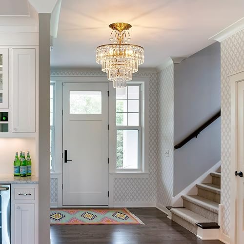 Miniatura 2 de CVKASH Lámpara de araña de cristal dorado de 5 luces, accesorio moderno de montaje semi empotrado en techo con iluminación de techo E12 para