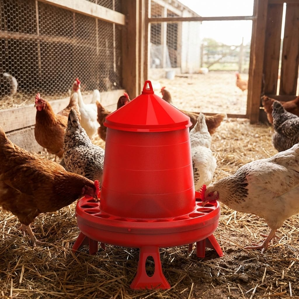 Suinga Tramoggia mangiatoia plastica galline con gambe 8 kg, 37x37x45 cm, rosso