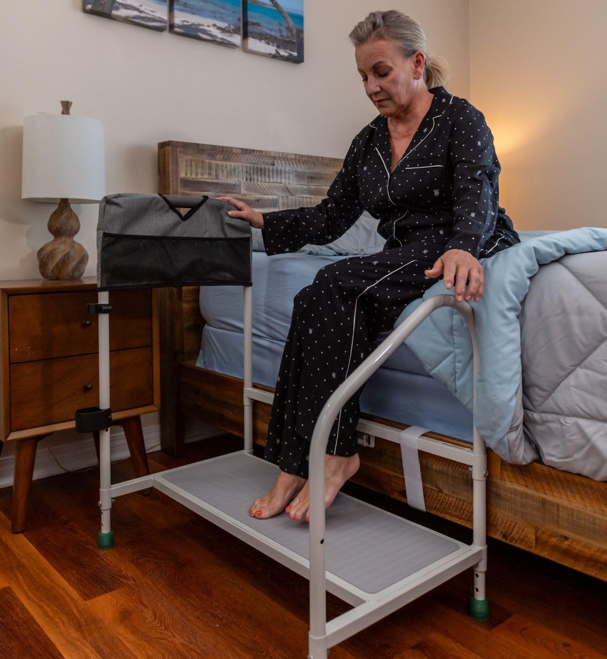 step2bed Deluxe Bed Rails for Elderly Adults - Adjustable Height Bed Safety Rail for Seniors with Cane Holder, LED Light, Mesh Bag, Handicap Grab Bars