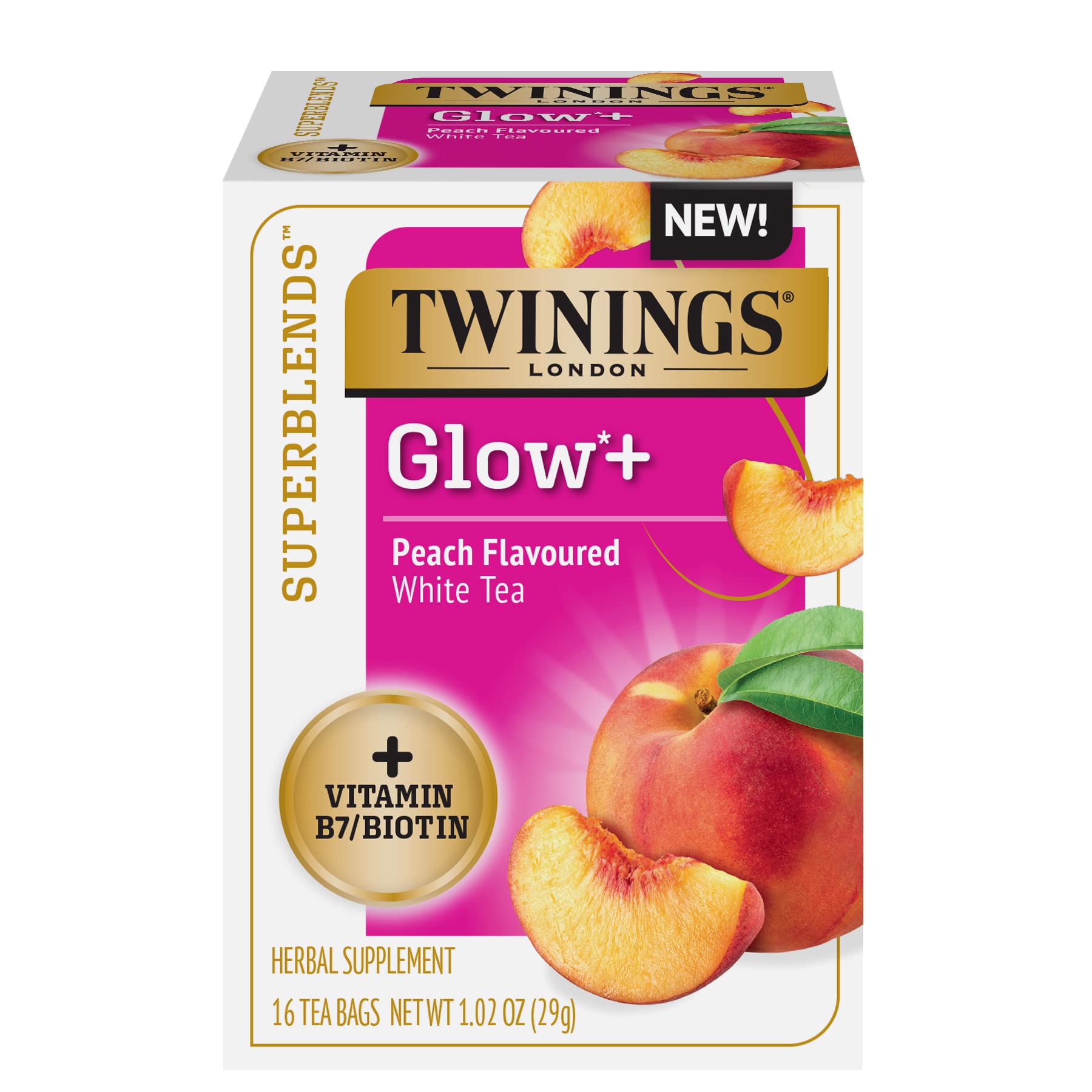 TwiningsSuperblends Glow+ Vitamin B7 Biotin Peach Flavoured White Tea, 16 Tea Bags (Pack of 6), Enjoy Hot or Iced