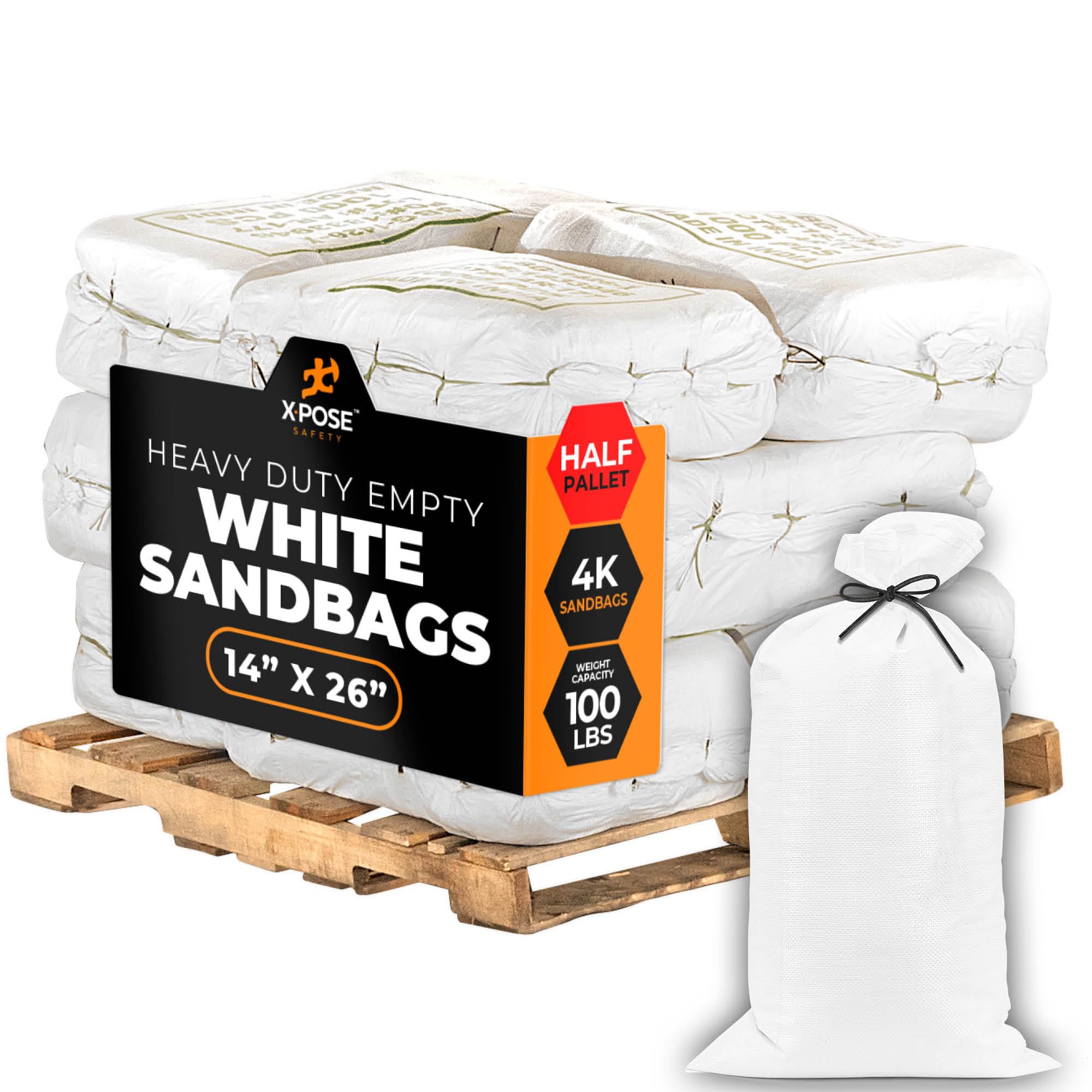 Xpose Safety Heavy Duty Sand Bags with Tie Strings – Empty Woven Polypropylene Sandbags for Hurricane Flood Protection, 100 lb Capacity, 14" x 26", White, Bulk Half Pallet Pack of 4000
