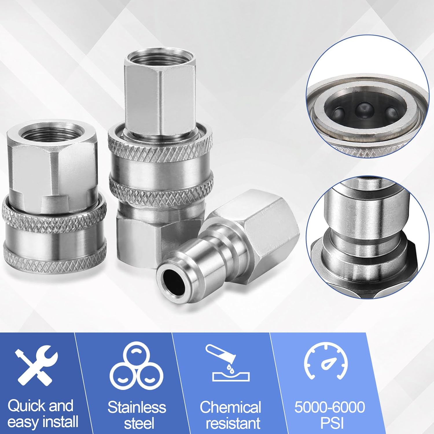 Hotop 6 Sets NPT 3/8 Inch Stainless Steel Male and Female Quick Connector Kit Pressure Washer Adapters Hose Quick Connector