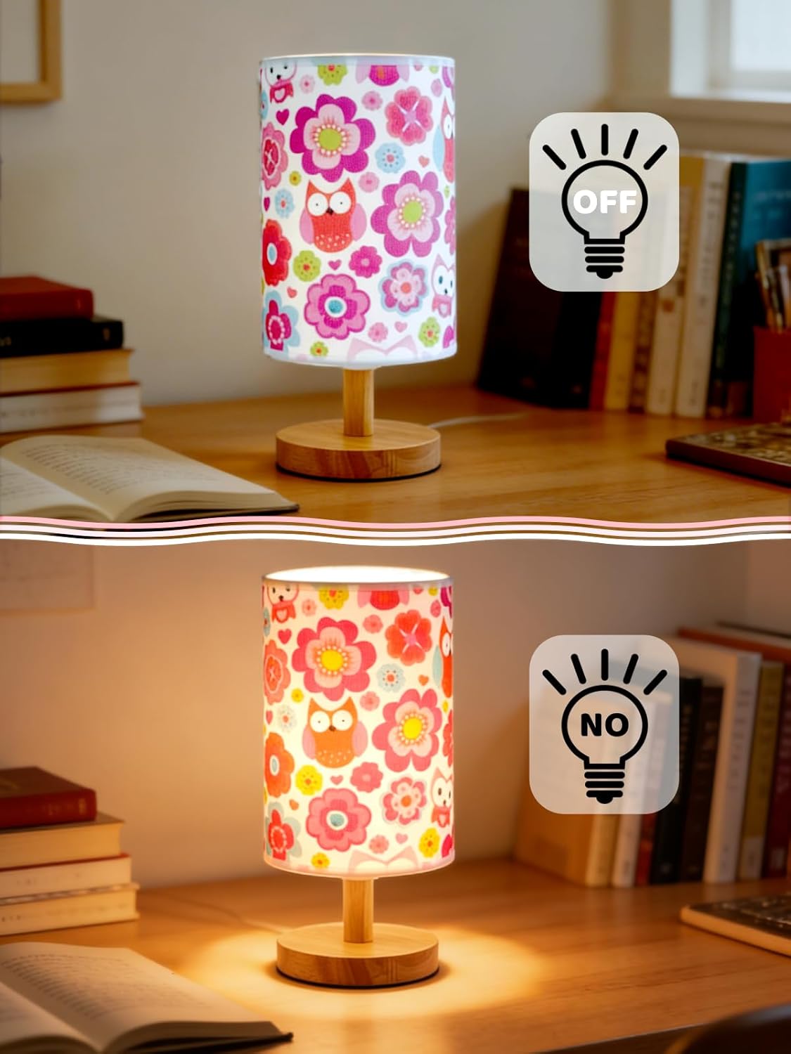 Owl Flower Kids Table Lamp for Bedroom Girls Bedsid Lamps,3-Way Dimmable Wood Base Nightstand Night Light with Cartoon Pattern Lampshade for Bedroom Living Kid Room Study for Kawaii Gift for Girls