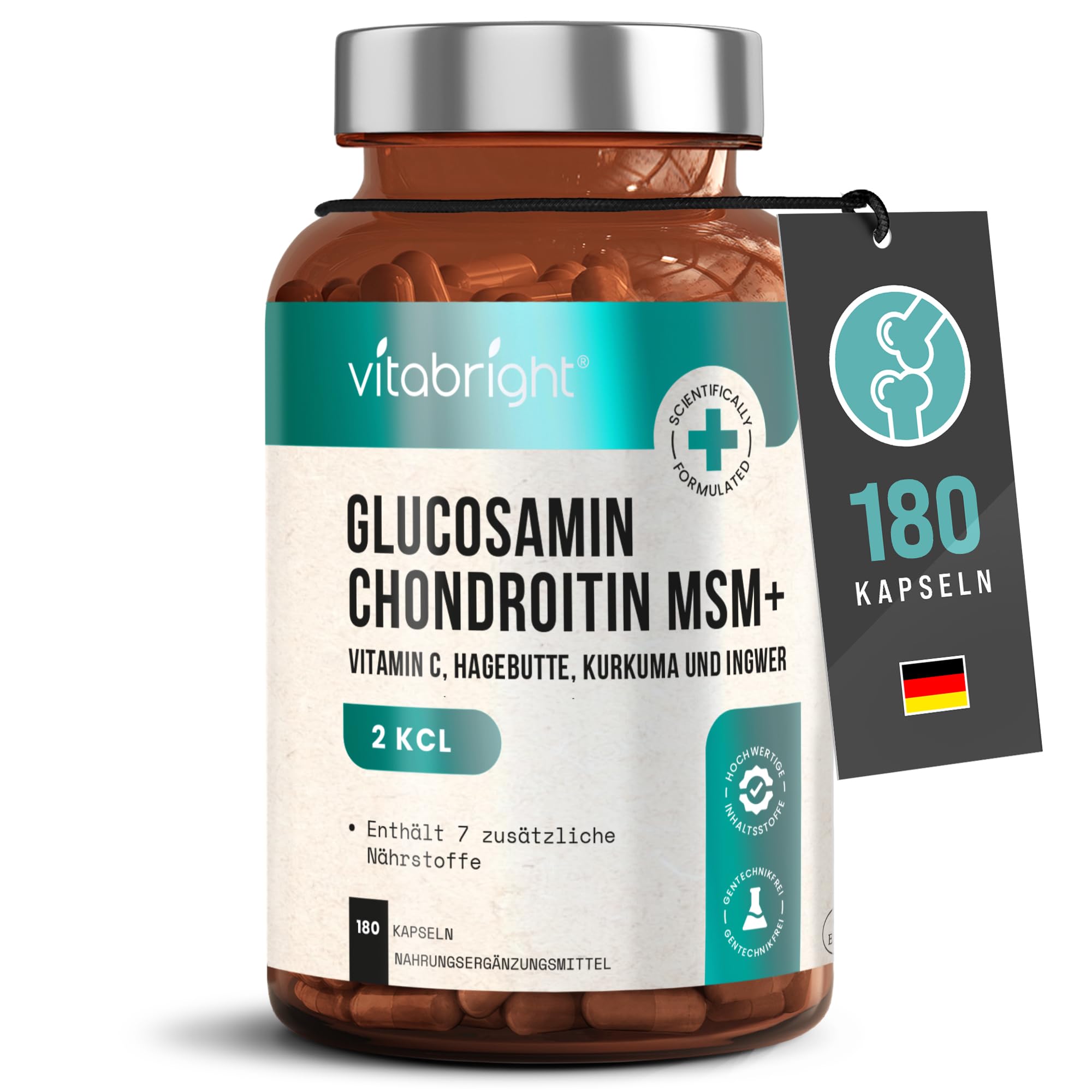 Glucosamin Chondroitin MSM Hochdosiert | 180 Kapseln | 3 Monate Vorrat | Kollagenbildung für Knochen & Knorpelfunktion | Mit Kurkuma, Ingwer & Hagebutte | VitaBright