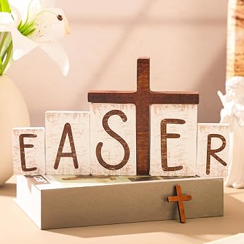 GlikCeil 6 Pcs He is Risen Easter Table Decorations Easter Wooden Cross Signs Decorative Resurrection Scene Decor Cross Tiered Tray Decor Table Centerpieces for Kitchen Office Crafts Home Party Gifts