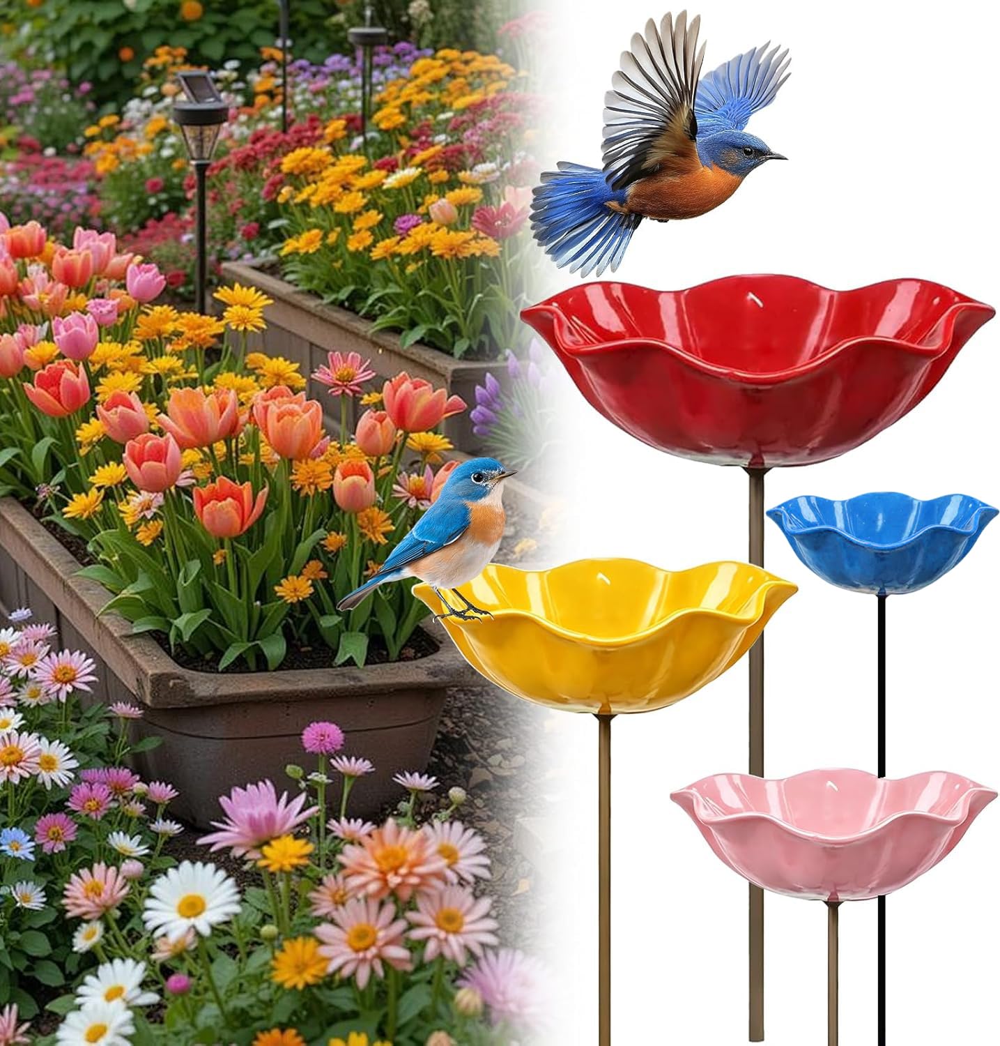 2026 New Handmade Metal Flower Garden Stake Bird Bath, Butterfly Bee Water Feeder with Flower Design, Colorful Outdoor Bird Bath Bowl for Yard, Lawn & Patio Decor (B)
