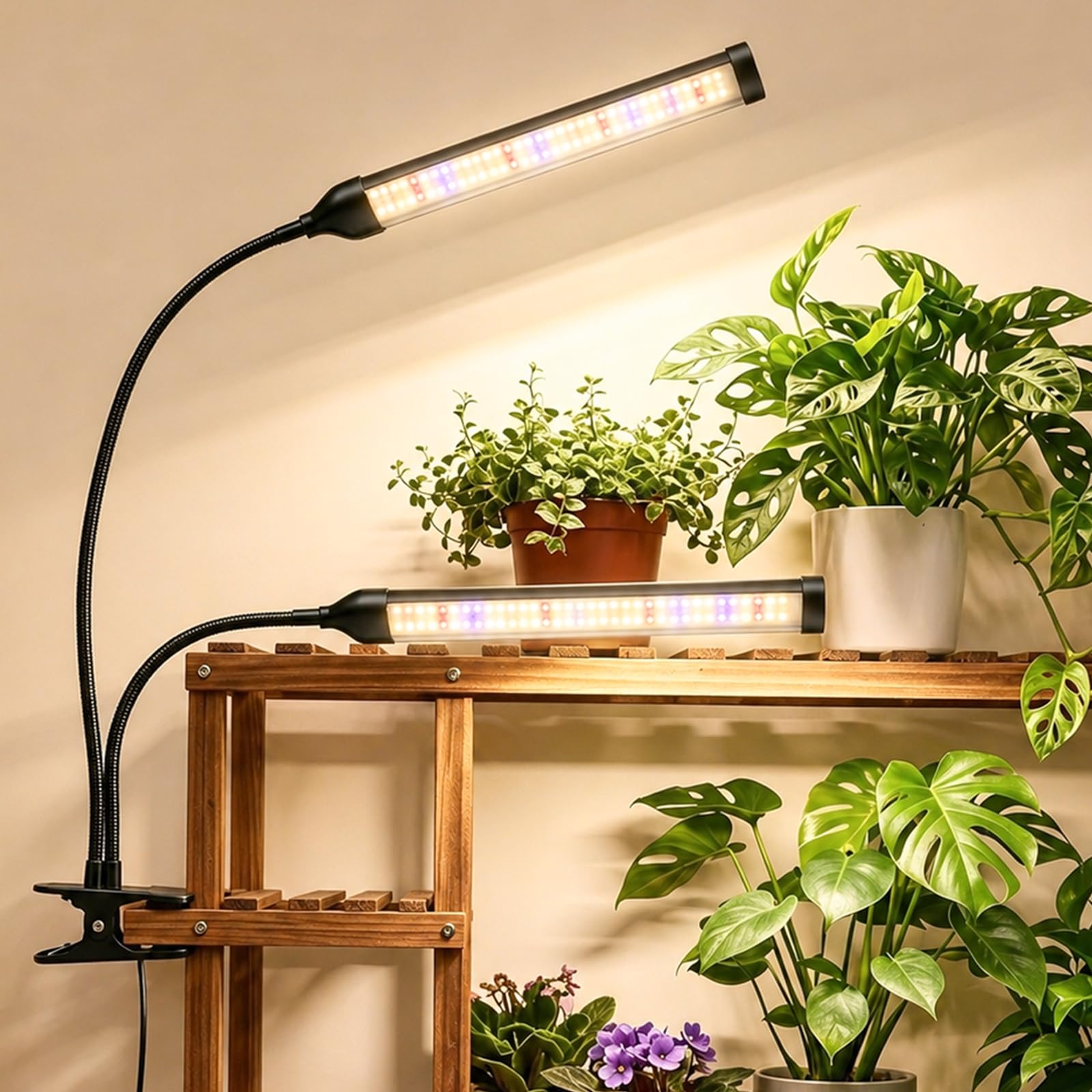 Grow Lights for Indoor Plants, 2 Head LED Full Spectrum Clip Plant Growing Lamp with 3/9/12H Timer, 3 Light Modes & 5 Dimmable Levels, Gooseneck Plant Light for Seedlings and Succulents（Black ）