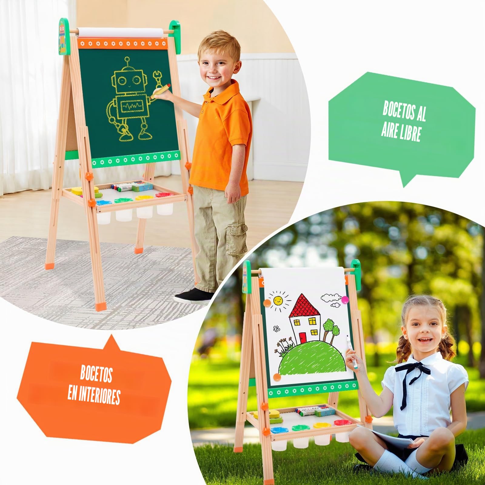 Pizarra Infantil Caballete para Niños Diseño de lazo Pizarra Blanca y Altura Ajustable Tablero de Dibujo de Doble Cara para Niños (Verde)