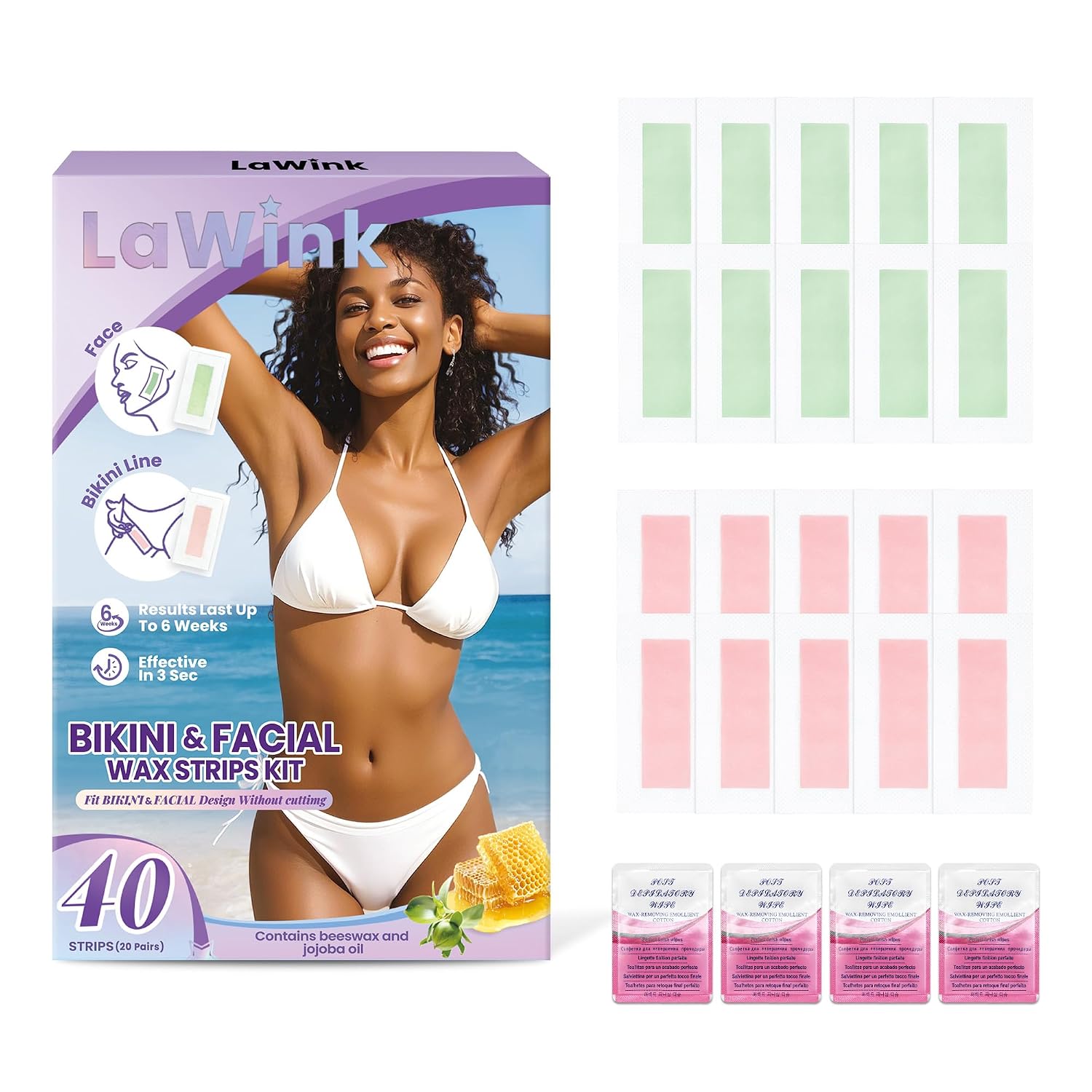 Wax Strips for Hair Removal, 40Pcs Facial Hair Removal for Women Bikini Waxing Strips Kit with 4 Calming Oil Wipes, Body Waxing Kit for Face, Bikini, Chest, Body, Arms, Legs, Back, & Brazilian