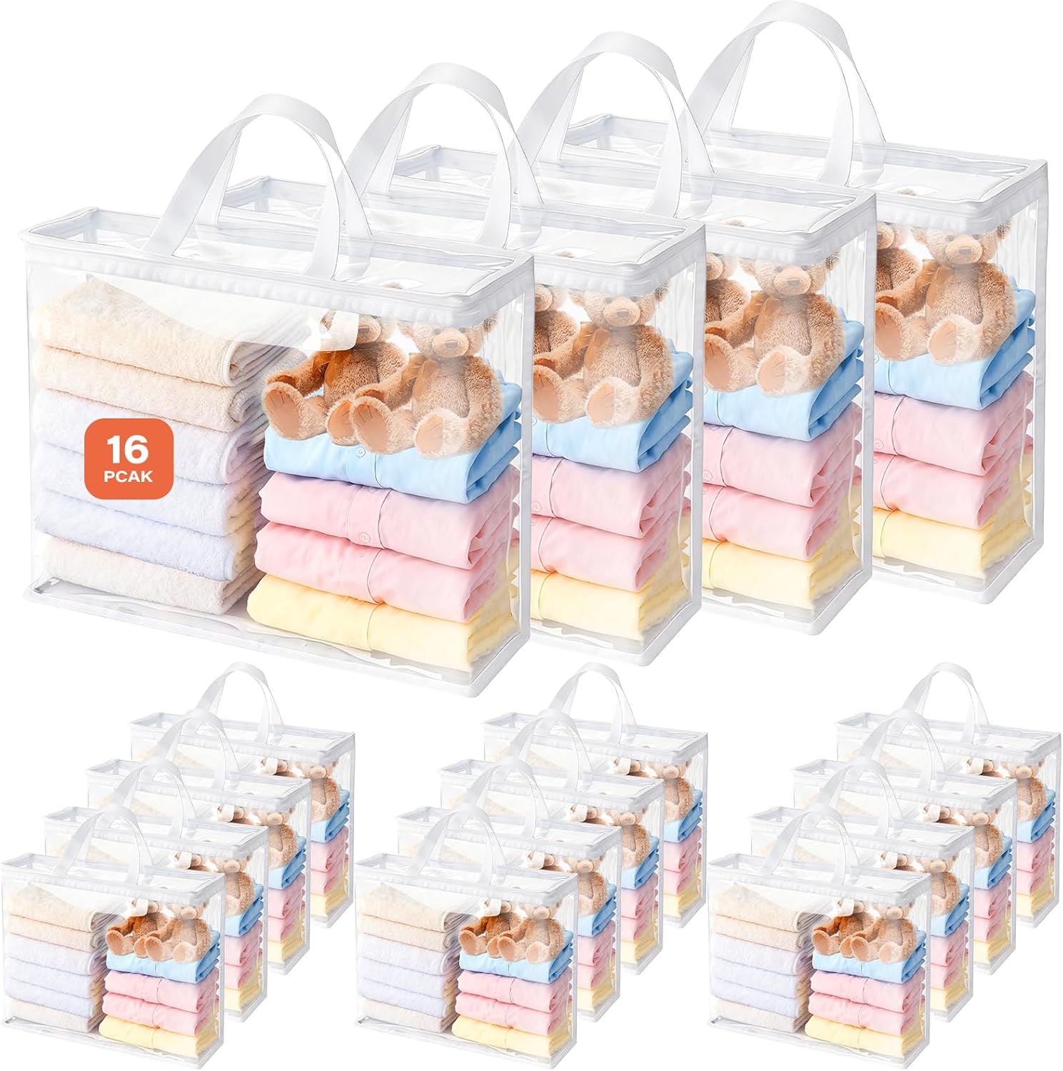 16-Pack 22L Clear Zippered Storage Bags for Clothes | Vacuum Storage Bags for Blankets, Comforters, Bedding & Linens | Closet Organizer Bags with Handles, White