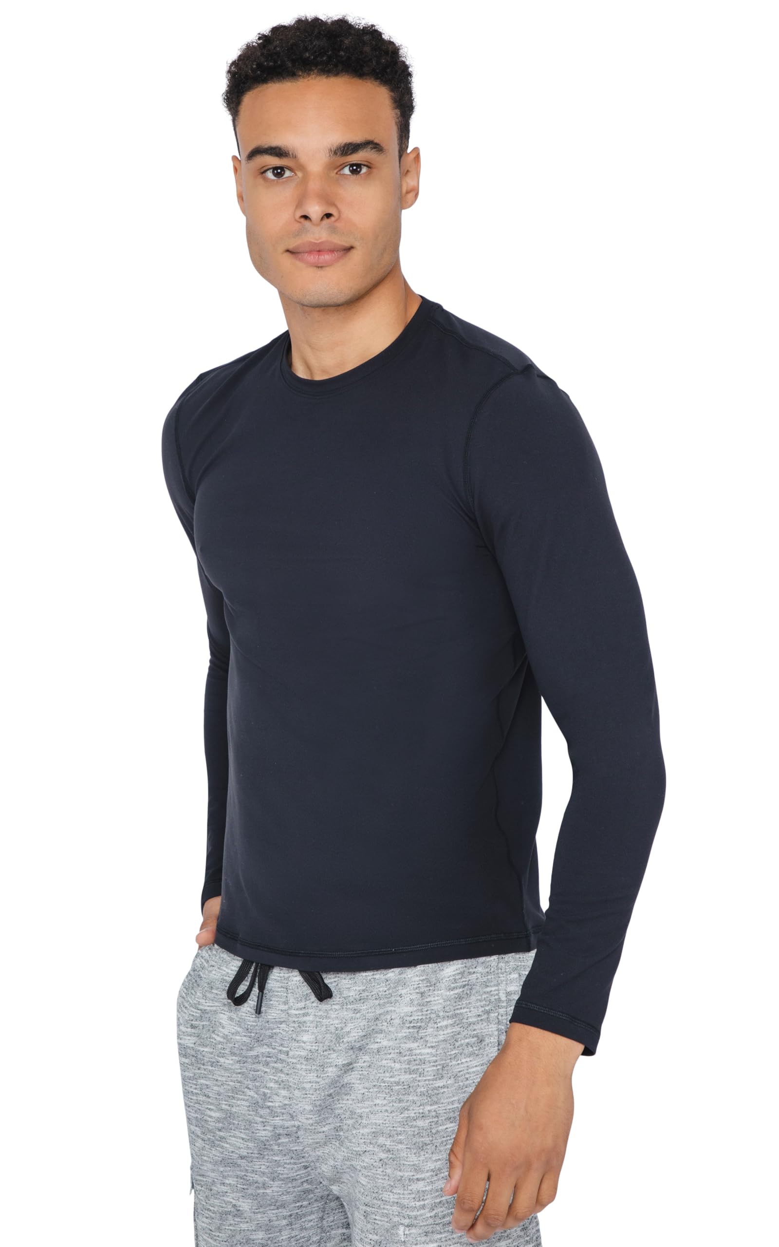 90 Degree By Reflex Mens Workout Shirt Dry Fit Crew Neck Long Sleeve Fitted Athletic Top - Black - Medium